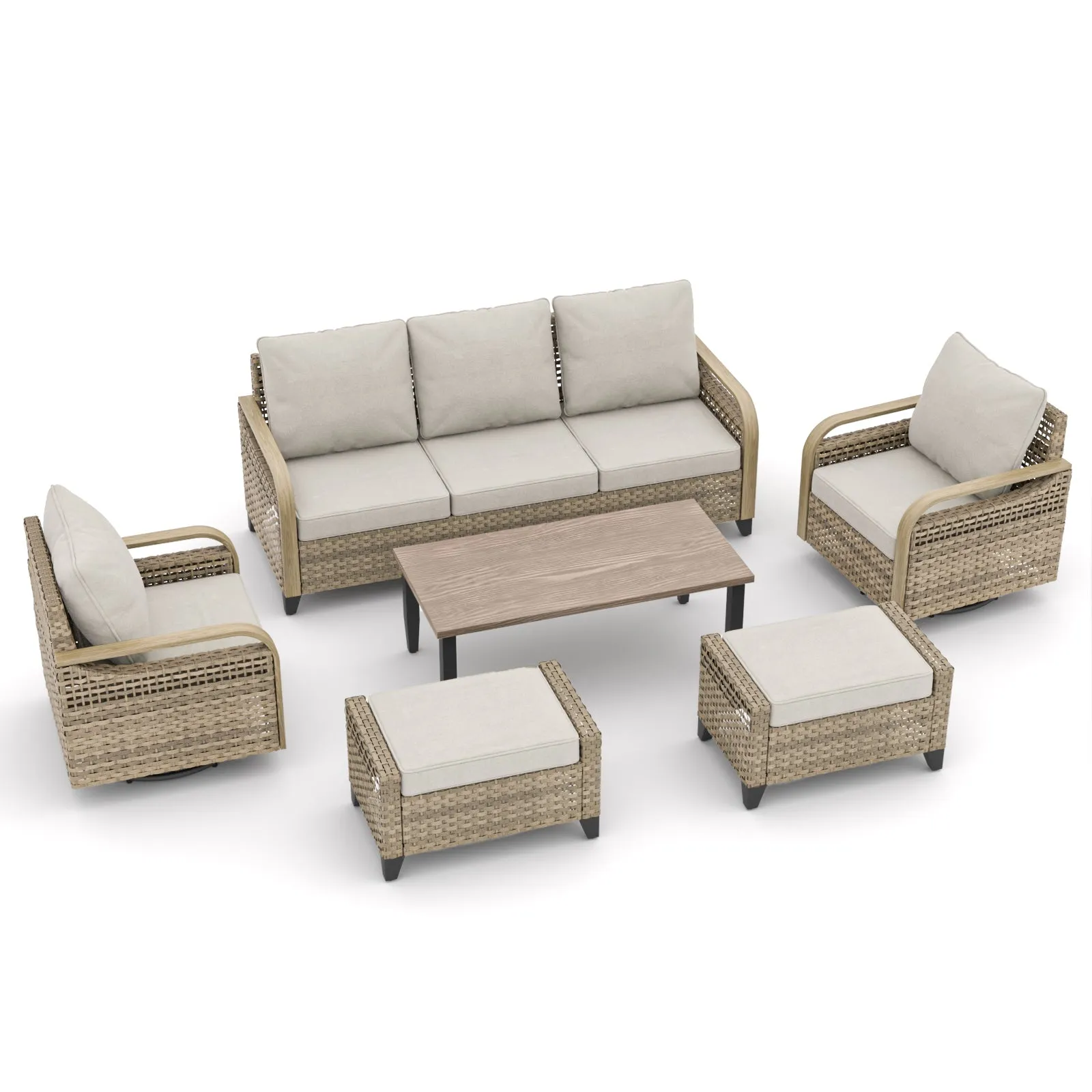 EAGLE PEAK 6 Piece Wicker Outdoor Patio Furniture Set, Patio Set with 2 Swivel Rocking Chairs, 3 Seat Loveseat Sofa, 2 Ottomans, and Coffee Table, Brown/Gray