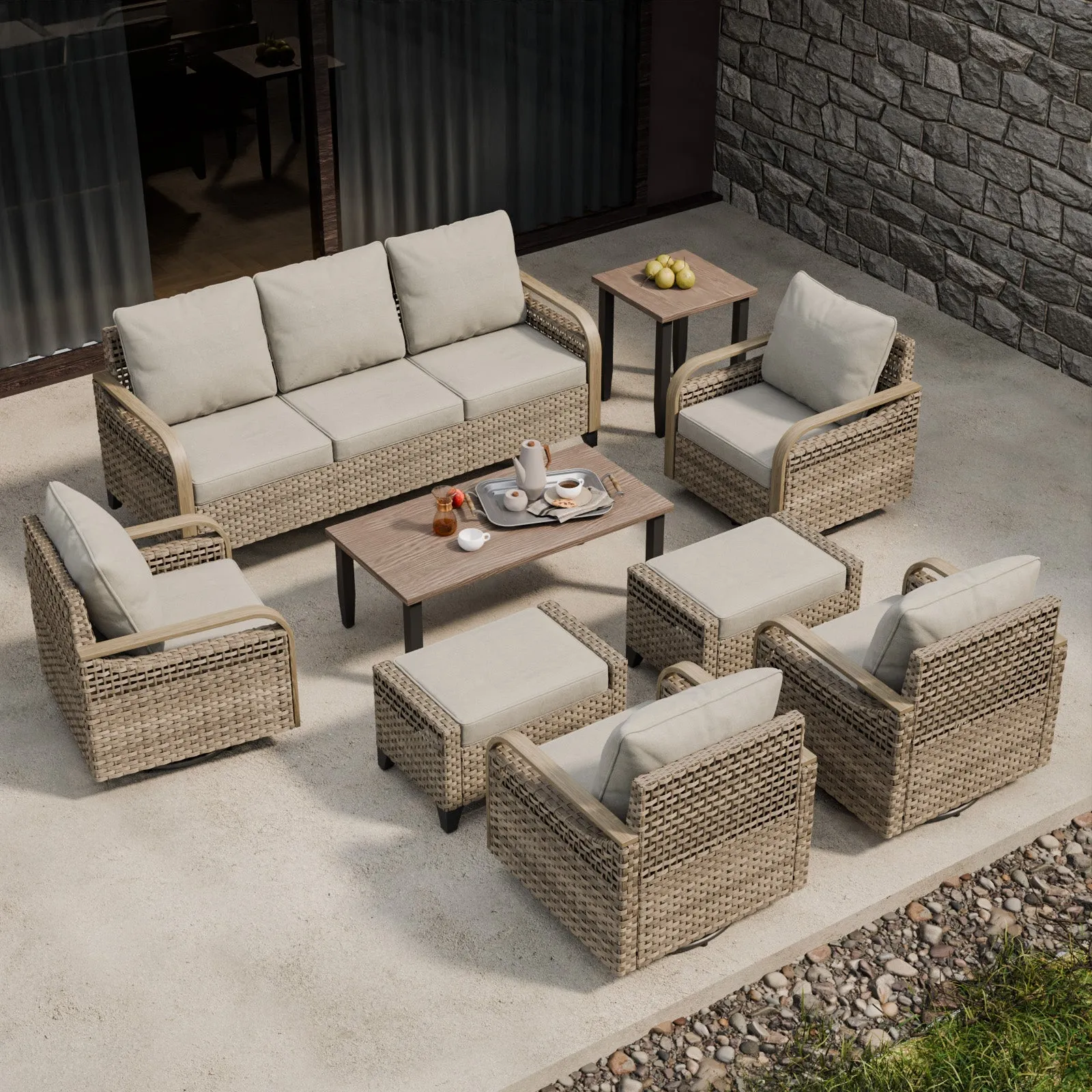 EAGLE PEAK 9 Piece Wicker Outdoor Patio Furniture Set, Patio Set with 4 Swivel Rocking Chairs, 3 Seat Loveseat Sofa, 2 Ottomans, Coffee Table and Side Table, Brown/Gray