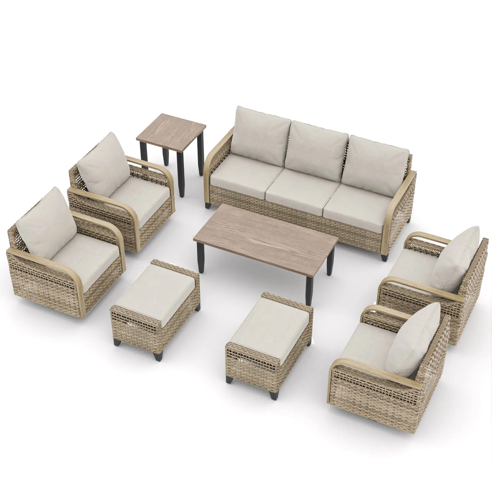 EAGLE PEAK 9 Piece Wicker Outdoor Patio Furniture Set, Patio Set with 4 Swivel Rocking Chairs, 3 Seat Loveseat Sofa, 2 Ottomans, Coffee Table and Side Table, Brown/Gray