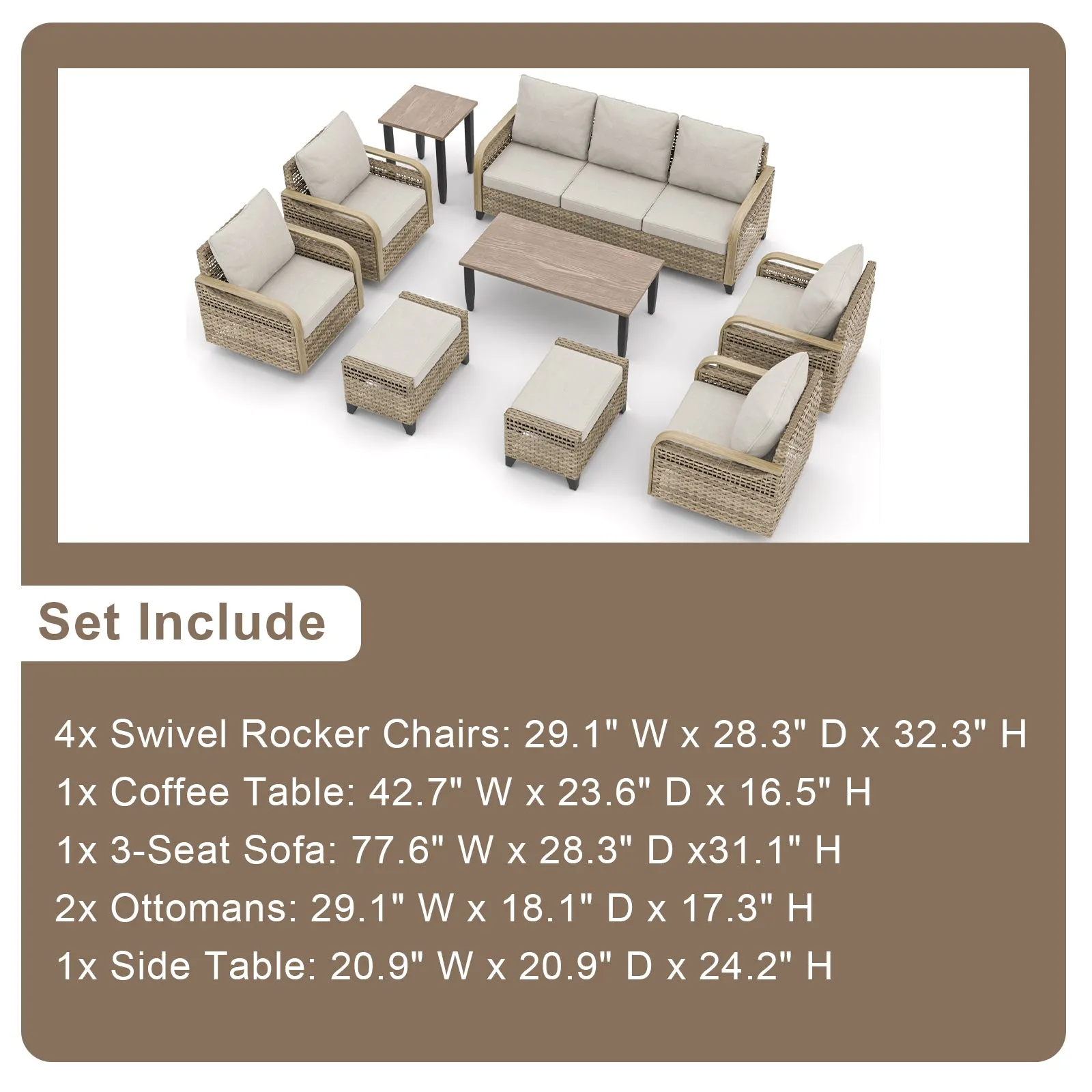 EAGLE PEAK 9 Piece Wicker Outdoor Patio Furniture Set, Patio Set with 4 Swivel Rocking Chairs, 3 Seat Loveseat Sofa, 2 Ottomans, Coffee Table and Side Table, Brown/Gray