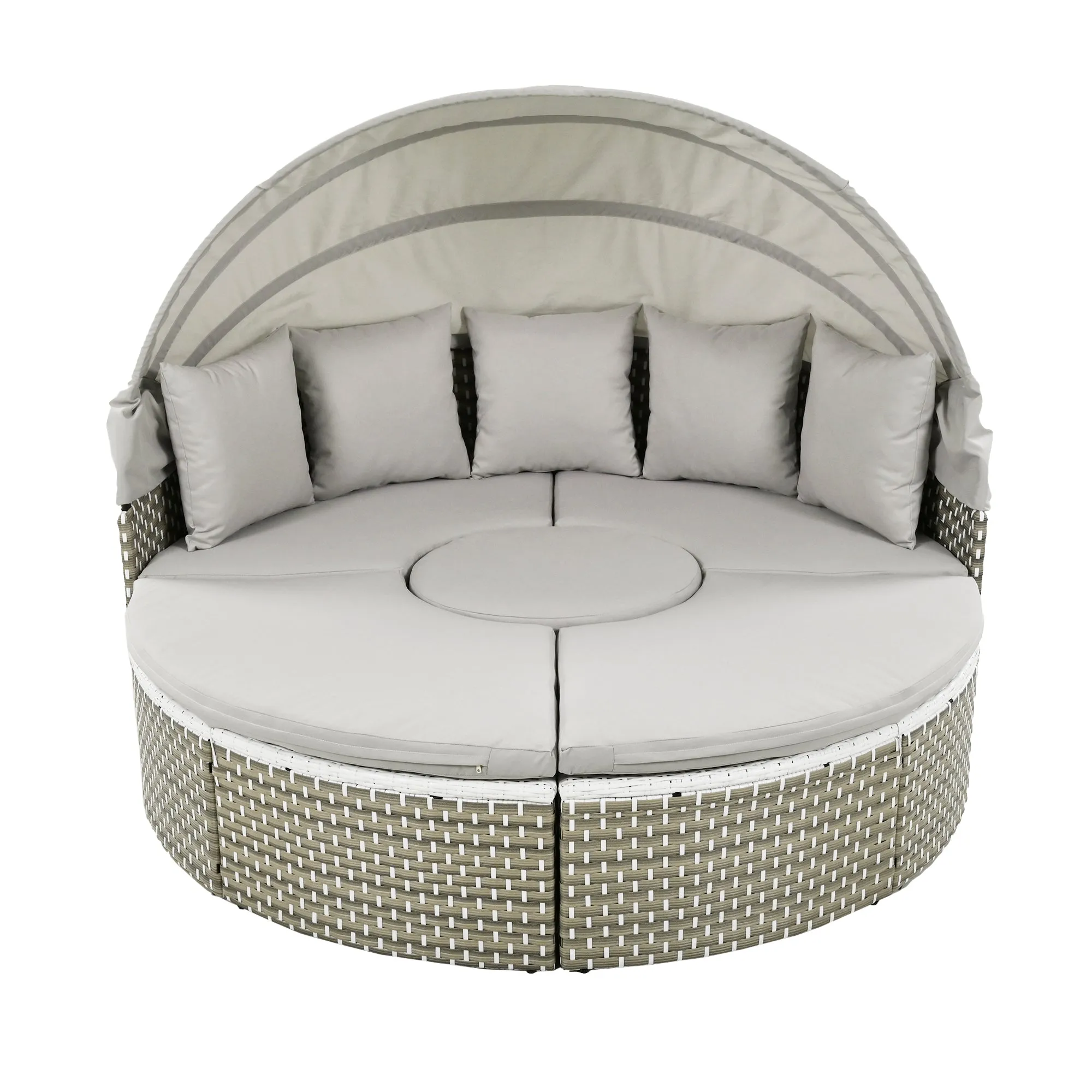 Elecwish Patio Furniture Round Outdoor Sectional Sofa Set Rattan Daybed Two-Tone Weave Sunbed with Retractable Canopy, Separate Seating and Removable Cushion, Gray