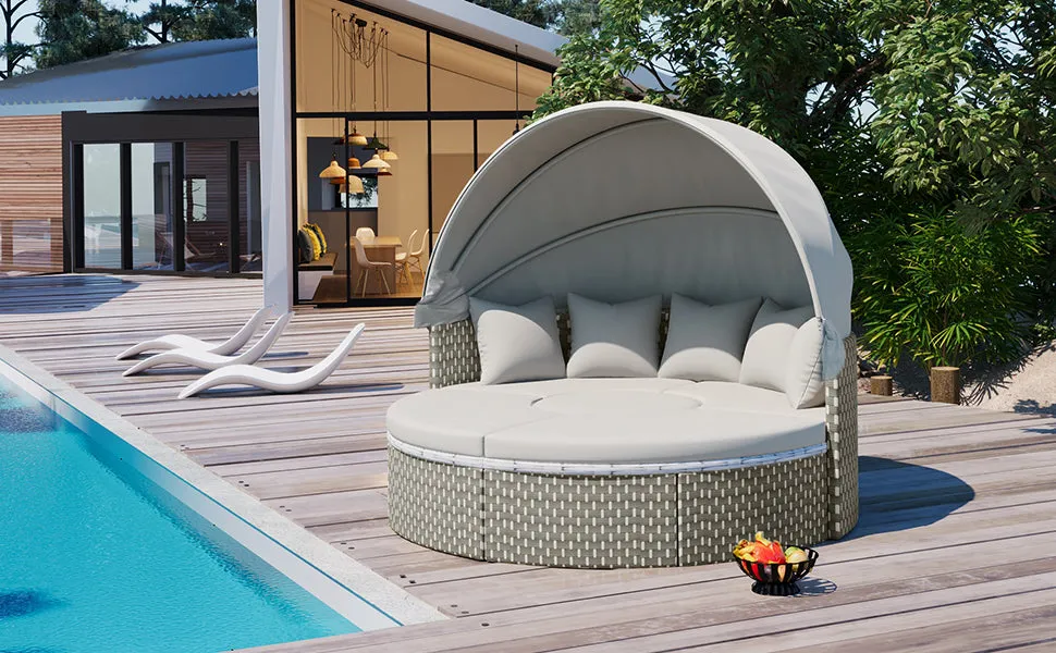 Elecwish Patio Furniture Round Outdoor Sectional Sofa Set Rattan Daybed Two-Tone Weave Sunbed with Retractable Canopy, Separate Seating and Removable Cushion, Gray