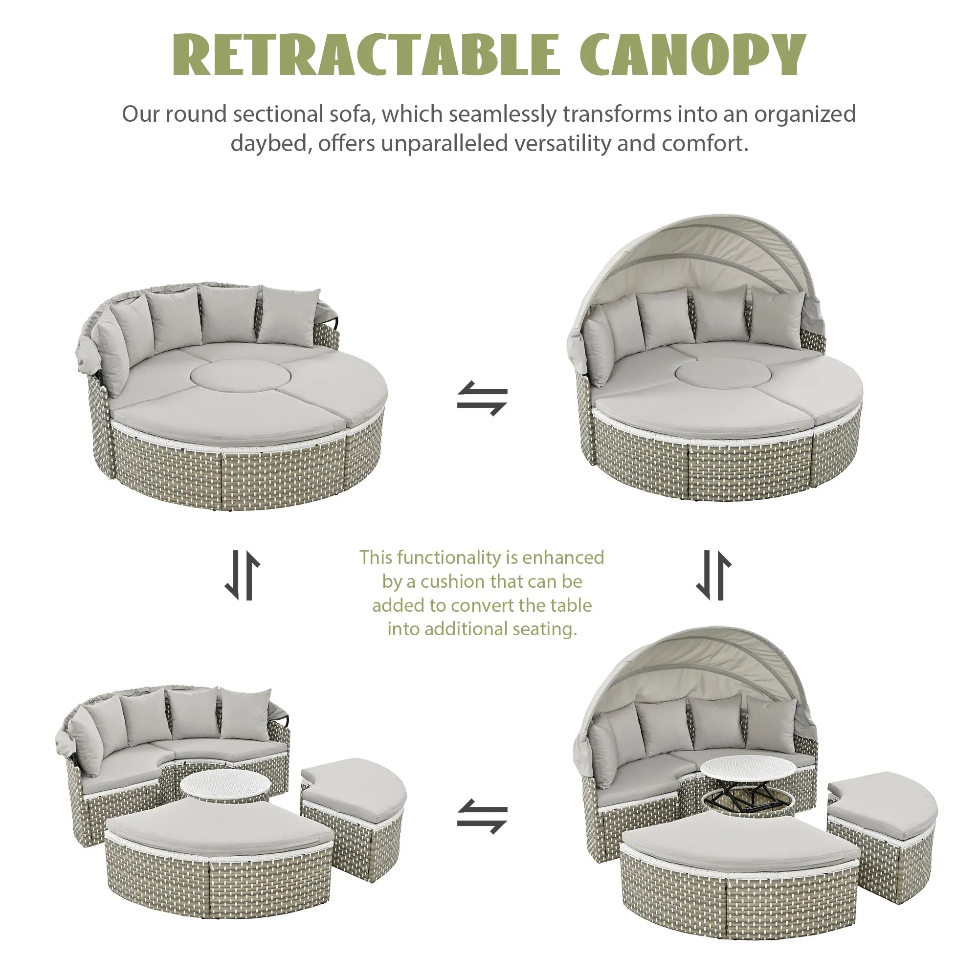 Elecwish Patio Furniture Round Outdoor Sectional Sofa Set Rattan Daybed Two-Tone Weave Sunbed with Retractable Canopy, Separate Seating and Removable Cushion, Gray