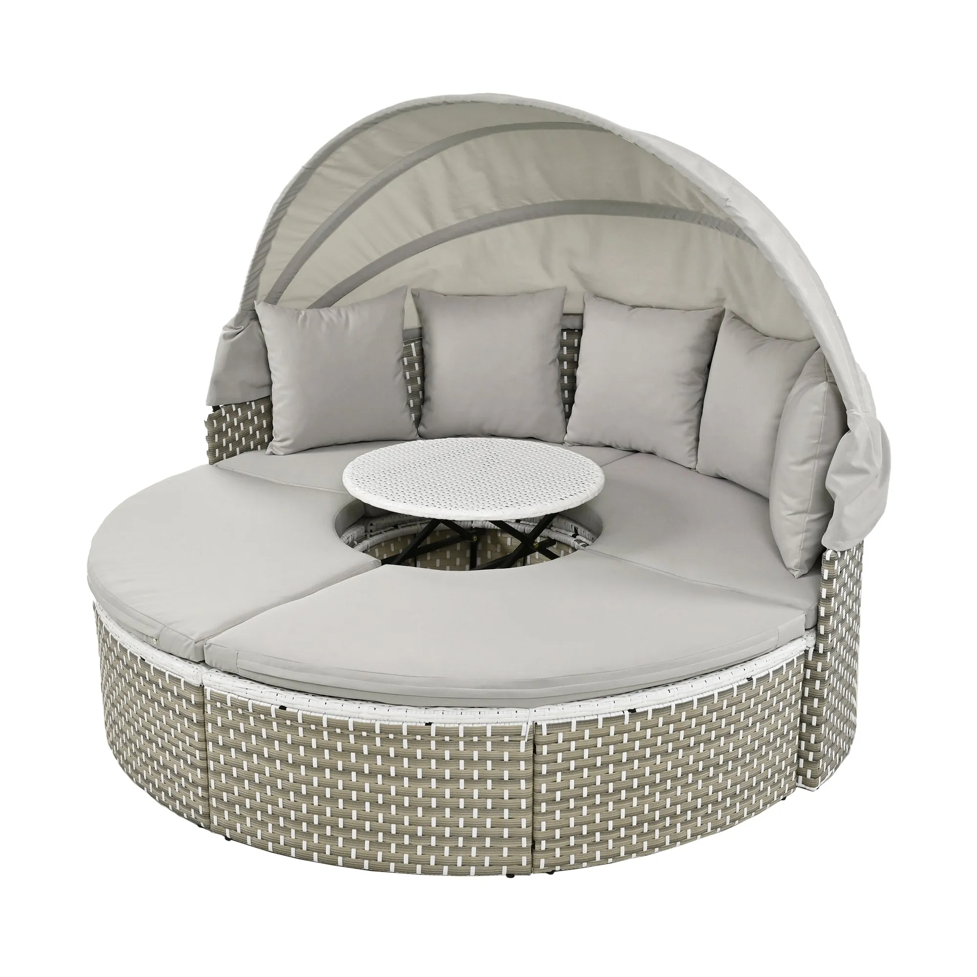 Elecwish Patio Furniture Round Outdoor Sectional Sofa Set Rattan Daybed Two-Tone Weave Sunbed with Retractable Canopy, Separate Seating and Removable Cushion, Gray