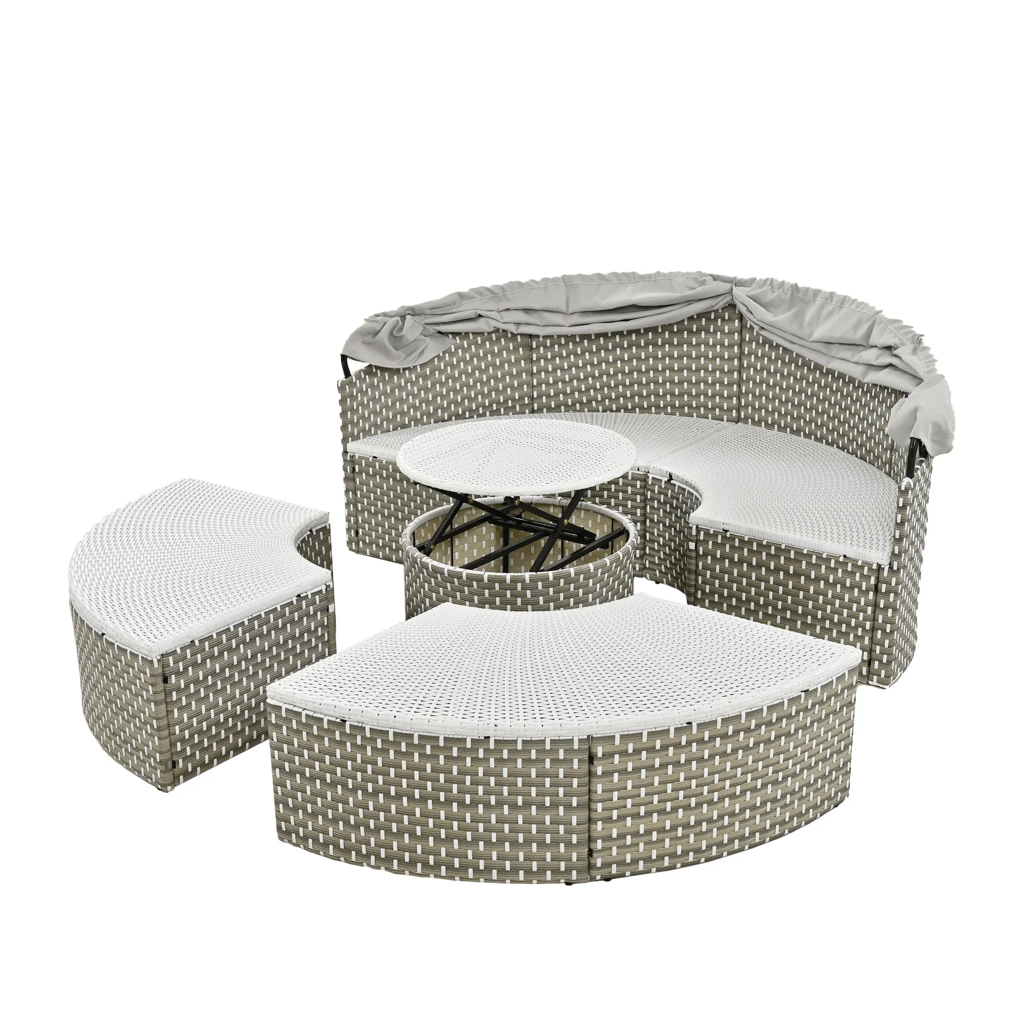 Elecwish Patio Furniture Round Outdoor Sectional Sofa Set Rattan Daybed Two-Tone Weave Sunbed with Retractable Canopy, Separate Seating and Removable Cushion, Gray