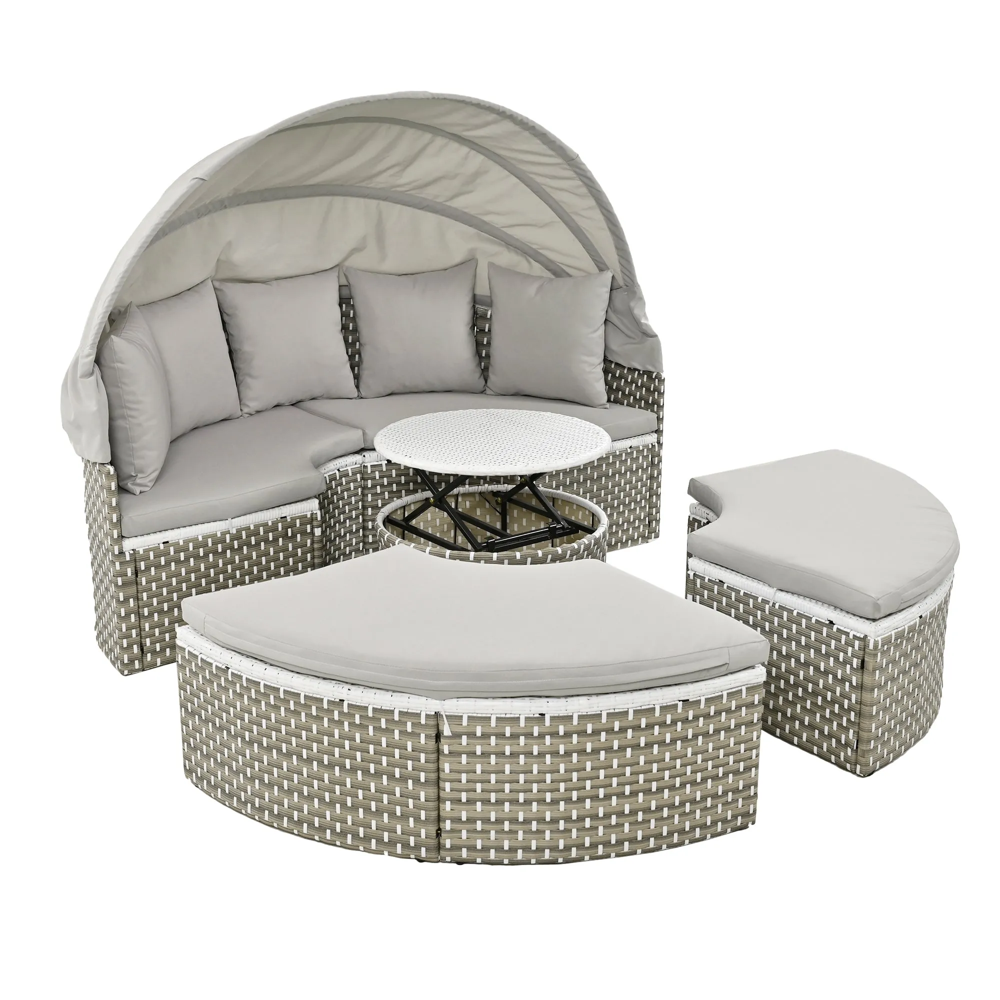 Elecwish Patio Furniture Round Outdoor Sectional Sofa Set Rattan Daybed Two-Tone Weave Sunbed with Retractable Canopy, Separate Seating and Removable Cushion, Gray