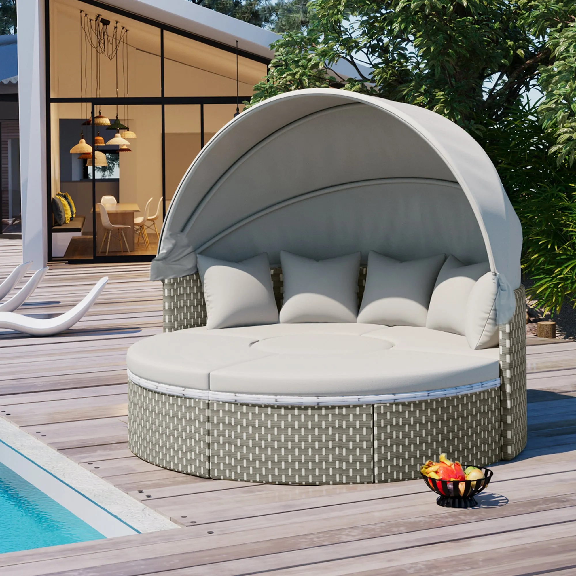 Elecwish Patio Furniture Round Outdoor Sectional Sofa Set Rattan Daybed Two-Tone Weave Sunbed with Retractable Canopy, Separate Seating and Removable Cushion, Gray