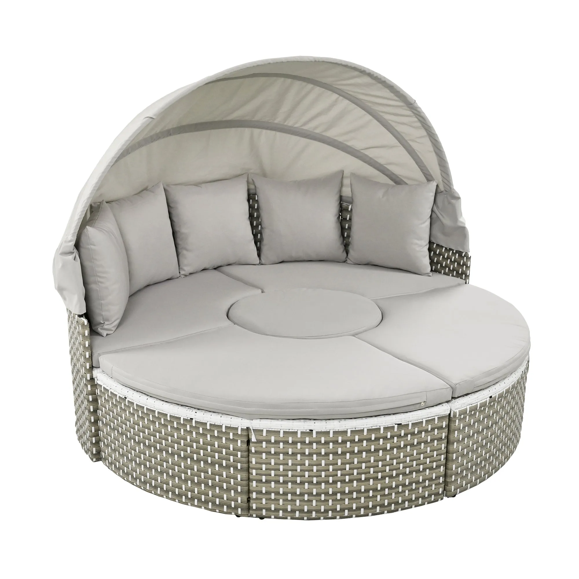 Elecwish Patio Furniture Round Outdoor Sectional Sofa Set Rattan Daybed Two-Tone Weave Sunbed with Retractable Canopy, Separate Seating and Removable Cushion, Gray