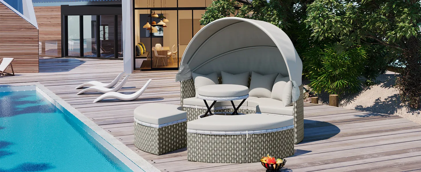 Elecwish Patio Furniture Round Outdoor Sectional Sofa Set Rattan Daybed Two-Tone Weave Sunbed with Retractable Canopy, Separate Seating and Removable Cushion, Gray