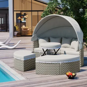 Elecwish Patio Furniture Round Outdoor Sectional Sofa Set Rattan Daybed Two-Tone Weave Sunbed with Retractable Canopy, Separate Seating and Removable Cushion, Gray