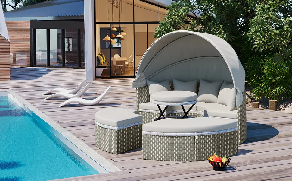 Elecwish Patio Furniture Round Outdoor Sectional Sofa Set Rattan Daybed Two-Tone Weave Sunbed with Retractable Canopy, Separate Seating and Removable Cushion, Gray