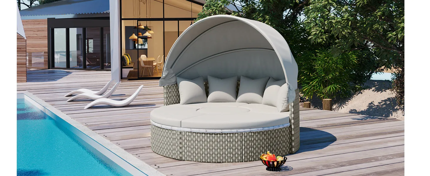 Elecwish Patio Furniture Round Outdoor Sectional Sofa Set Rattan Daybed Two-Tone Weave Sunbed with Retractable Canopy, Separate Seating and Removable Cushion, Gray