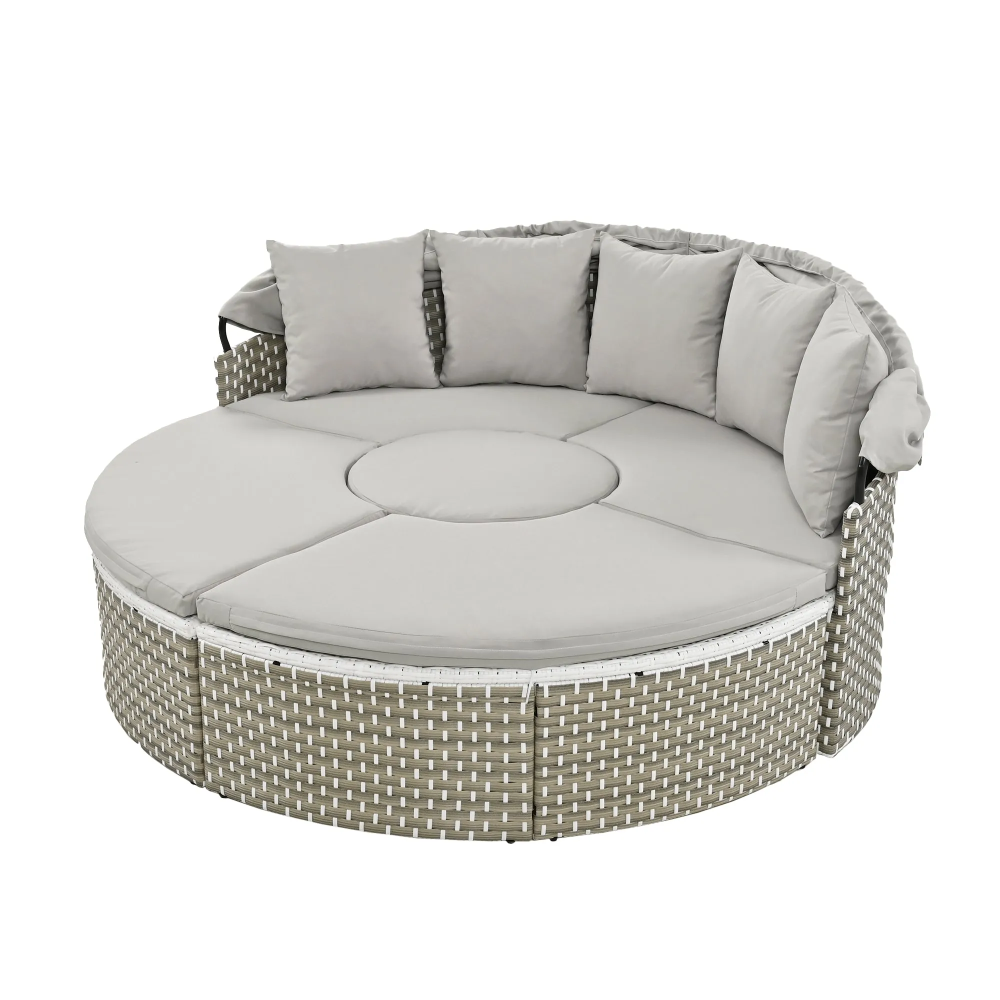 Elecwish Patio Furniture Round Outdoor Sectional Sofa Set Rattan Daybed Two-Tone Weave Sunbed with Retractable Canopy, Separate Seating and Removable Cushion, Gray