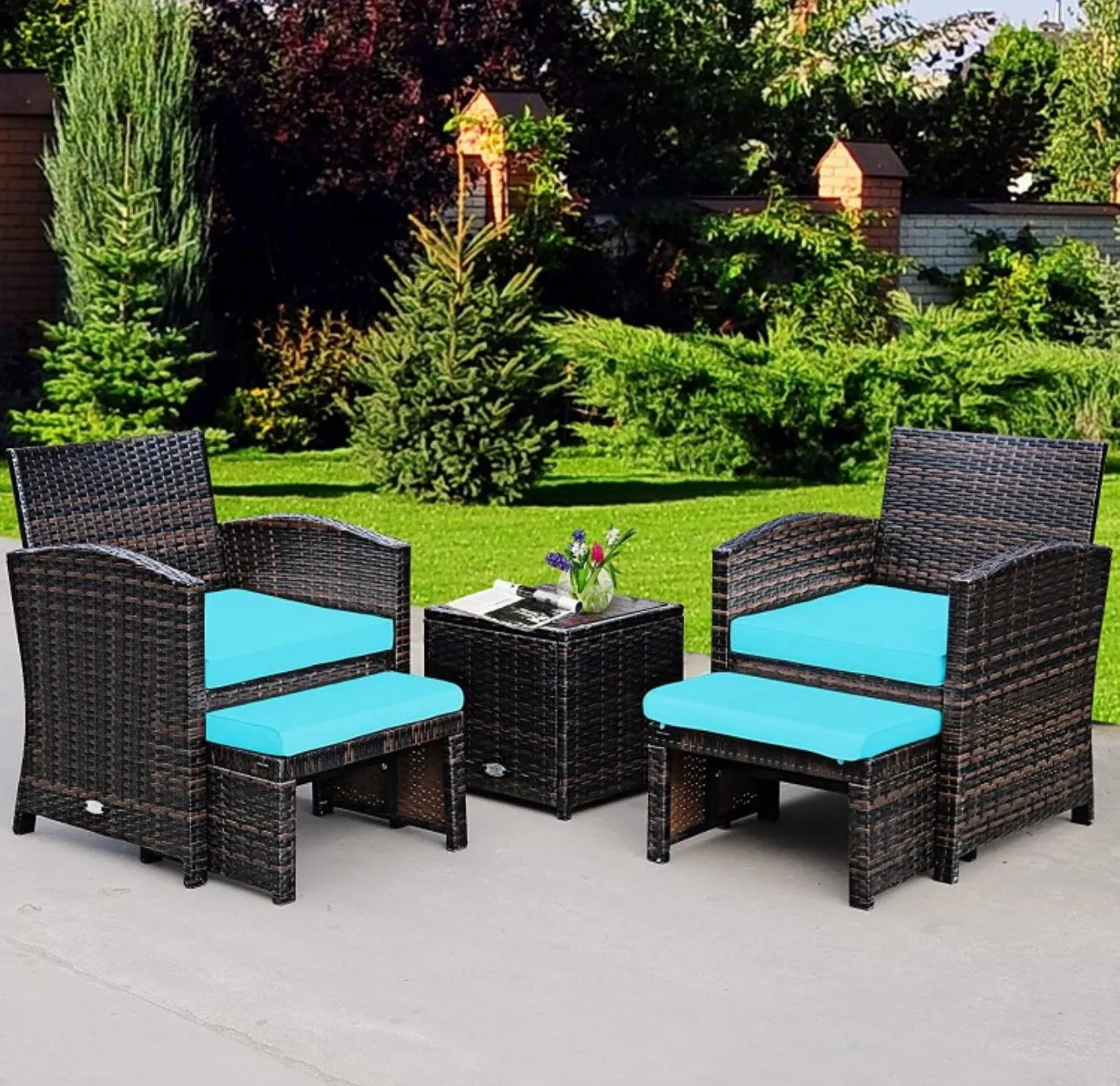 Elegant Heavy Duty 5-Piece Patio Rattan Furniture Set With Ottoman, Beautiful Tempered Glass Coffee Table | Cozy Chairs