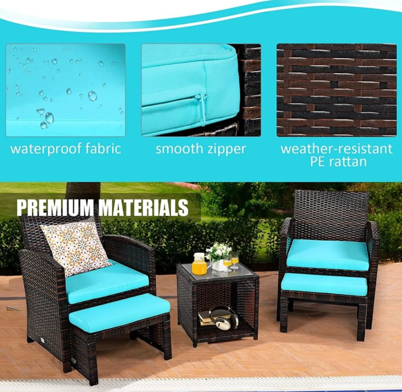 Elegant Heavy Duty 5-Piece Patio Rattan Furniture Set With Ottoman, Beautiful Tempered Glass Coffee Table | Cozy Chairs