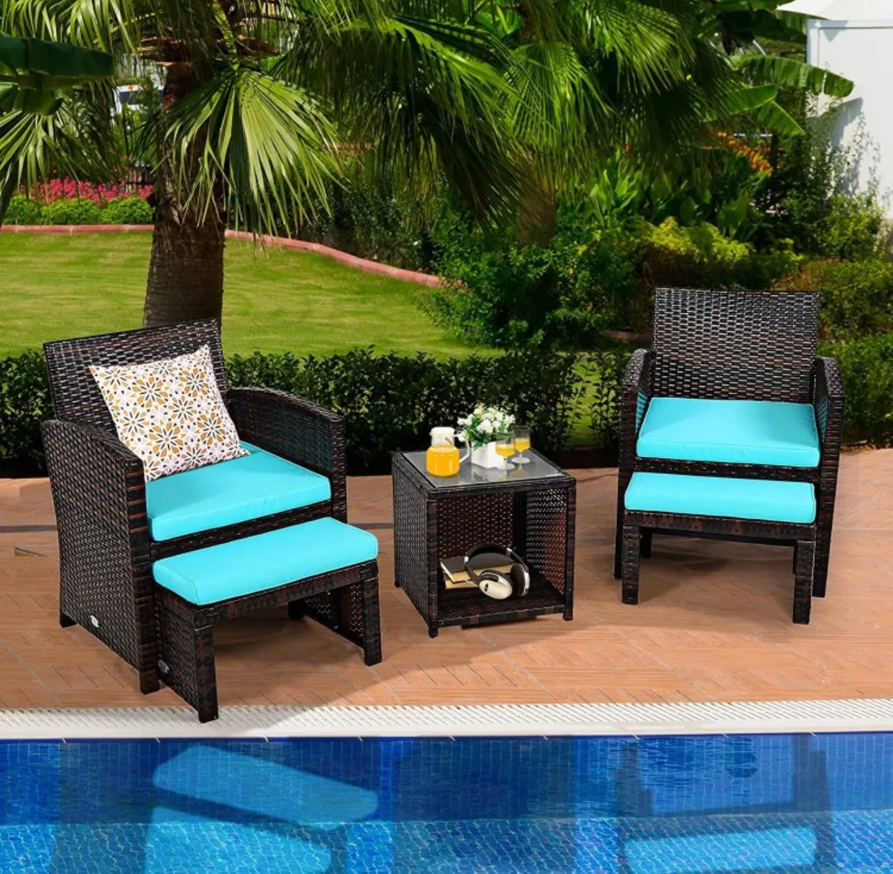 Elegant Heavy Duty 5-Piece Patio Rattan Furniture Set With Ottoman, Beautiful Tempered Glass Coffee Table | Cozy Chairs