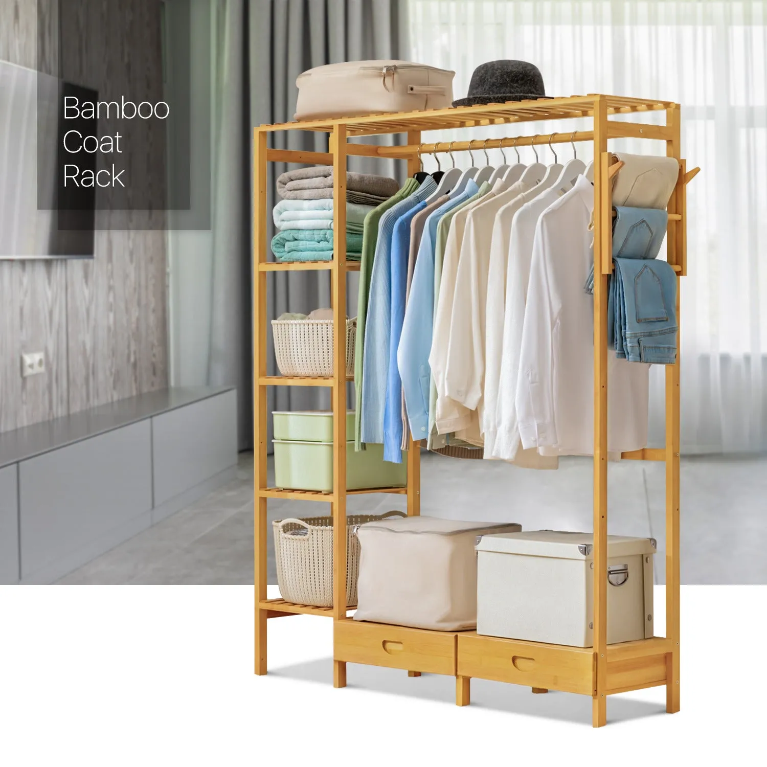 Garment Cabinet Clothes Organizer - with Drawer - Natural