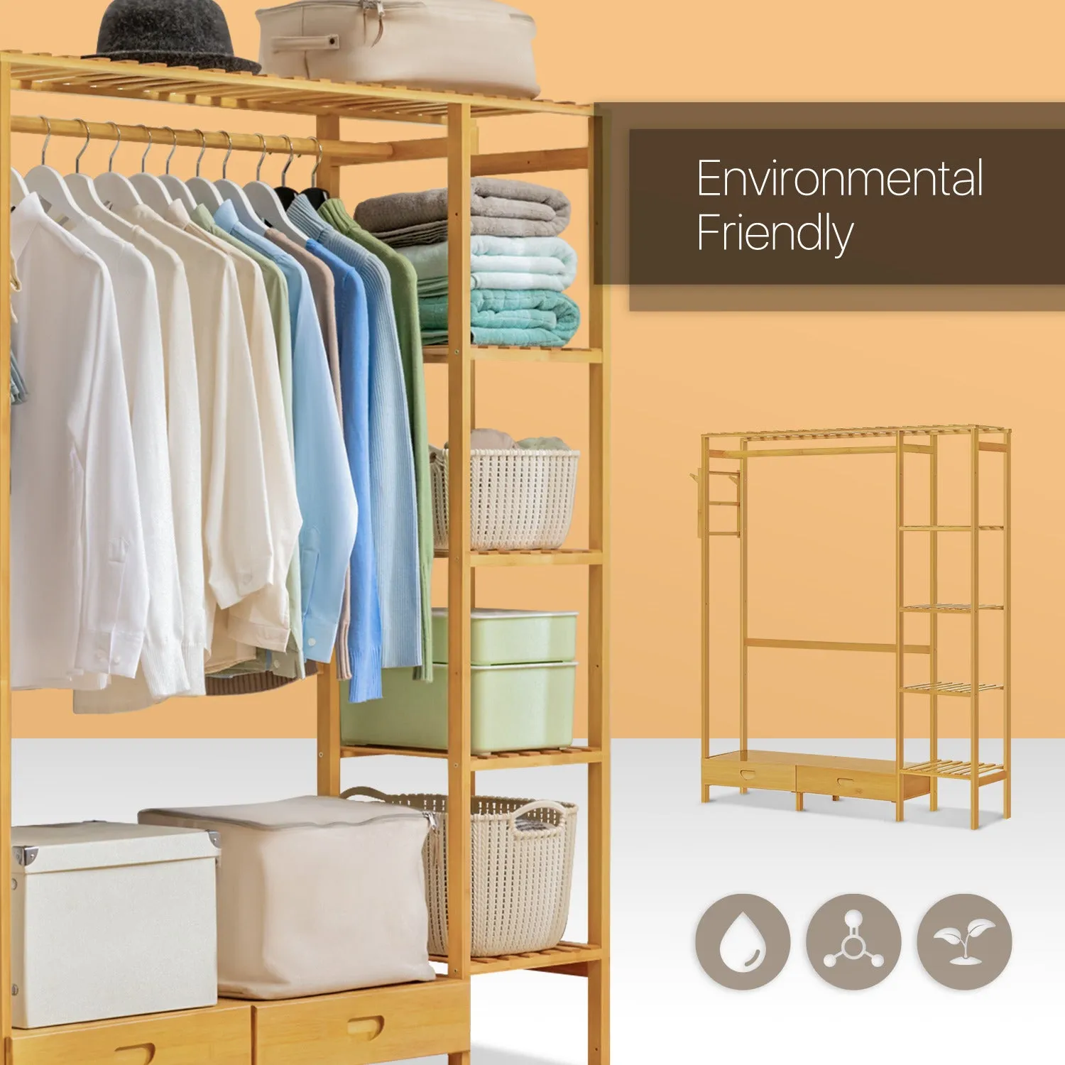 Garment Cabinet Clothes Organizer - with Drawer - Natural