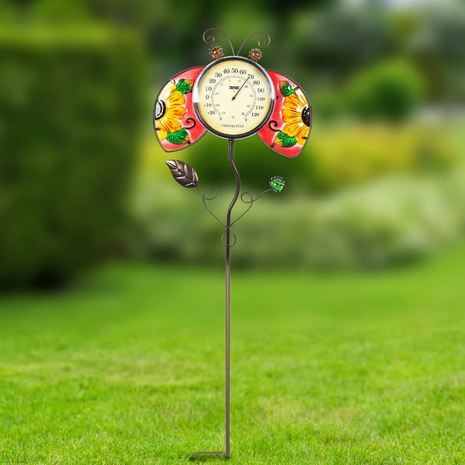 Hand Painted Glass and Metal Ladybug Thermometer Stake, 13 by 36 Inches