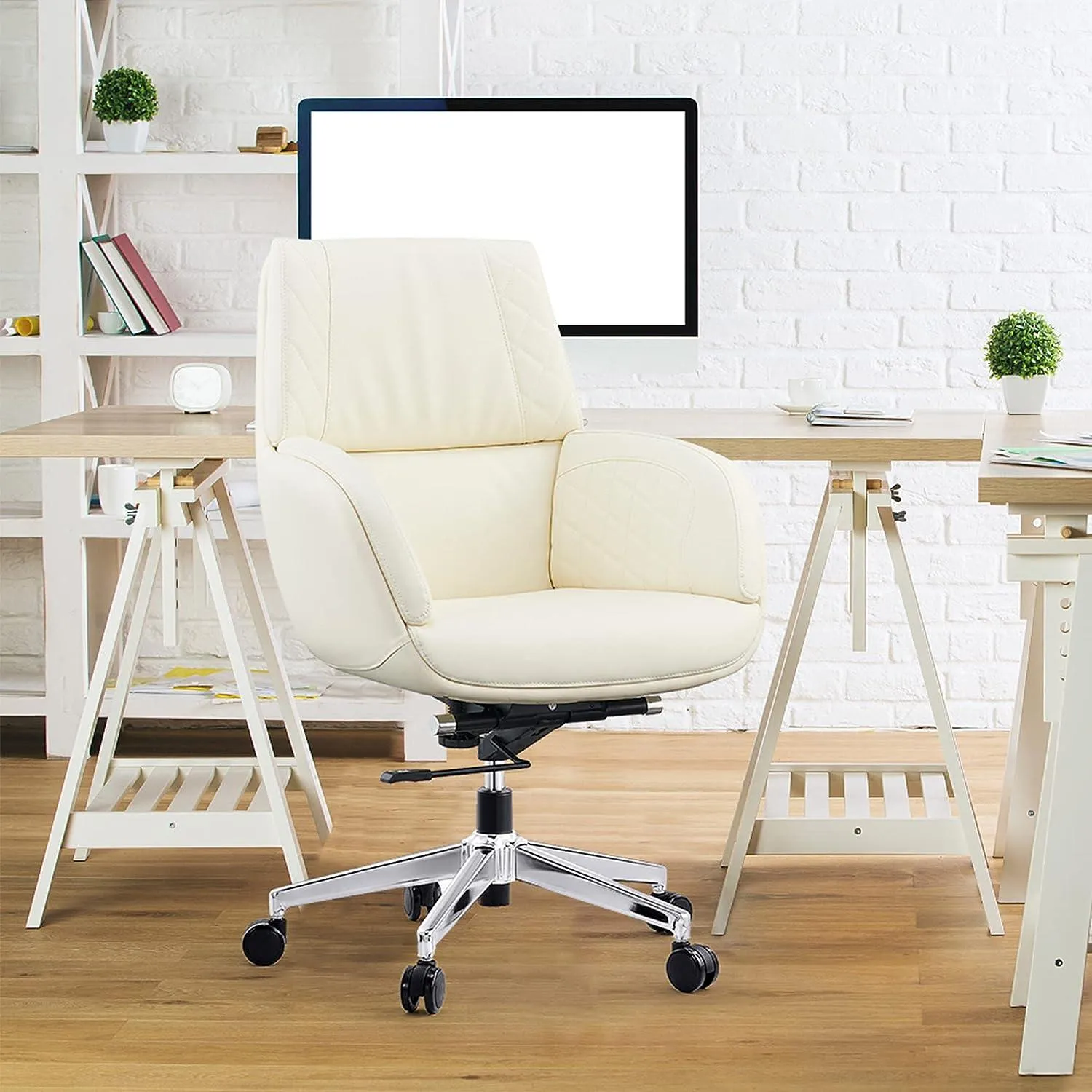 Height Adjustable Swivel PU Upholstered Modern Office Chair with Tiltable Back, White