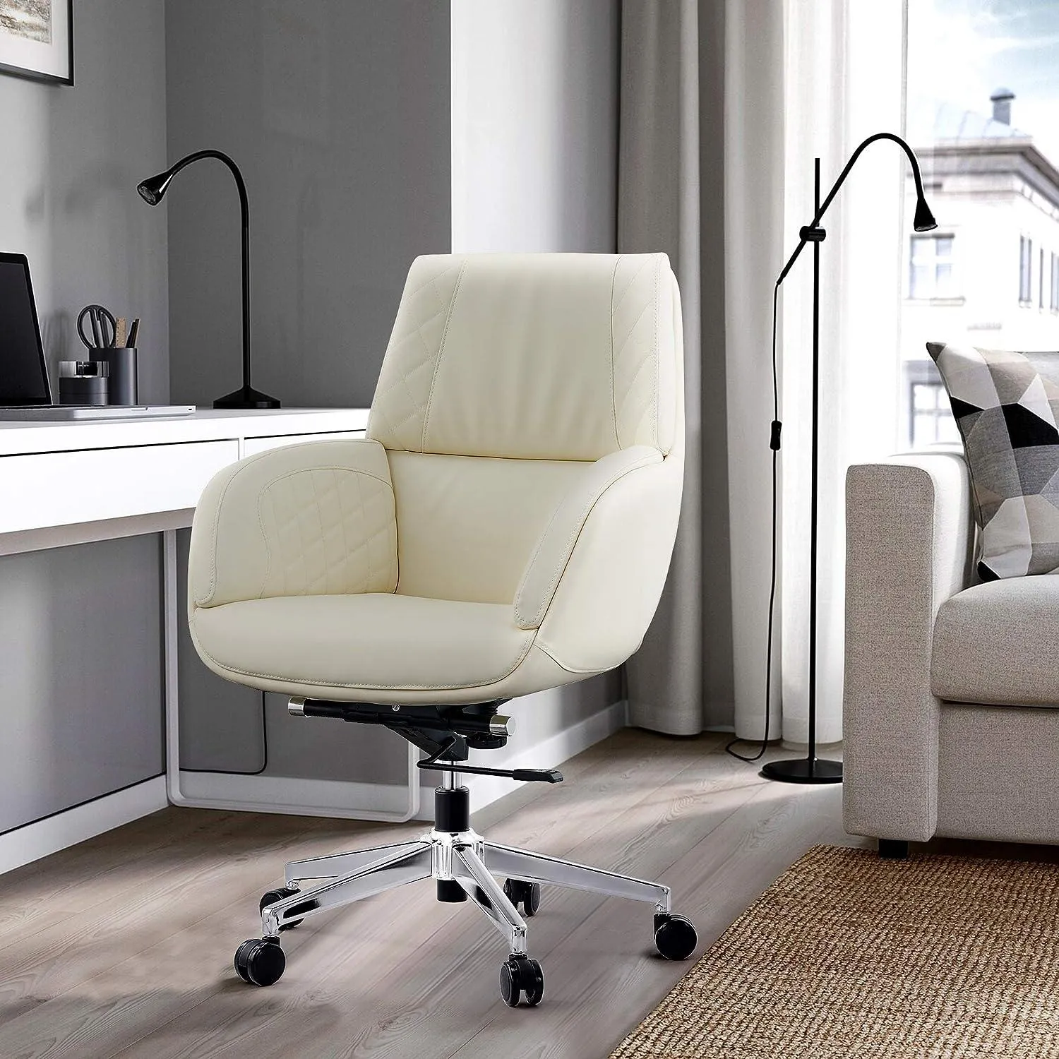 Height Adjustable Swivel PU Upholstered Modern Office Chair with Tiltable Back, White