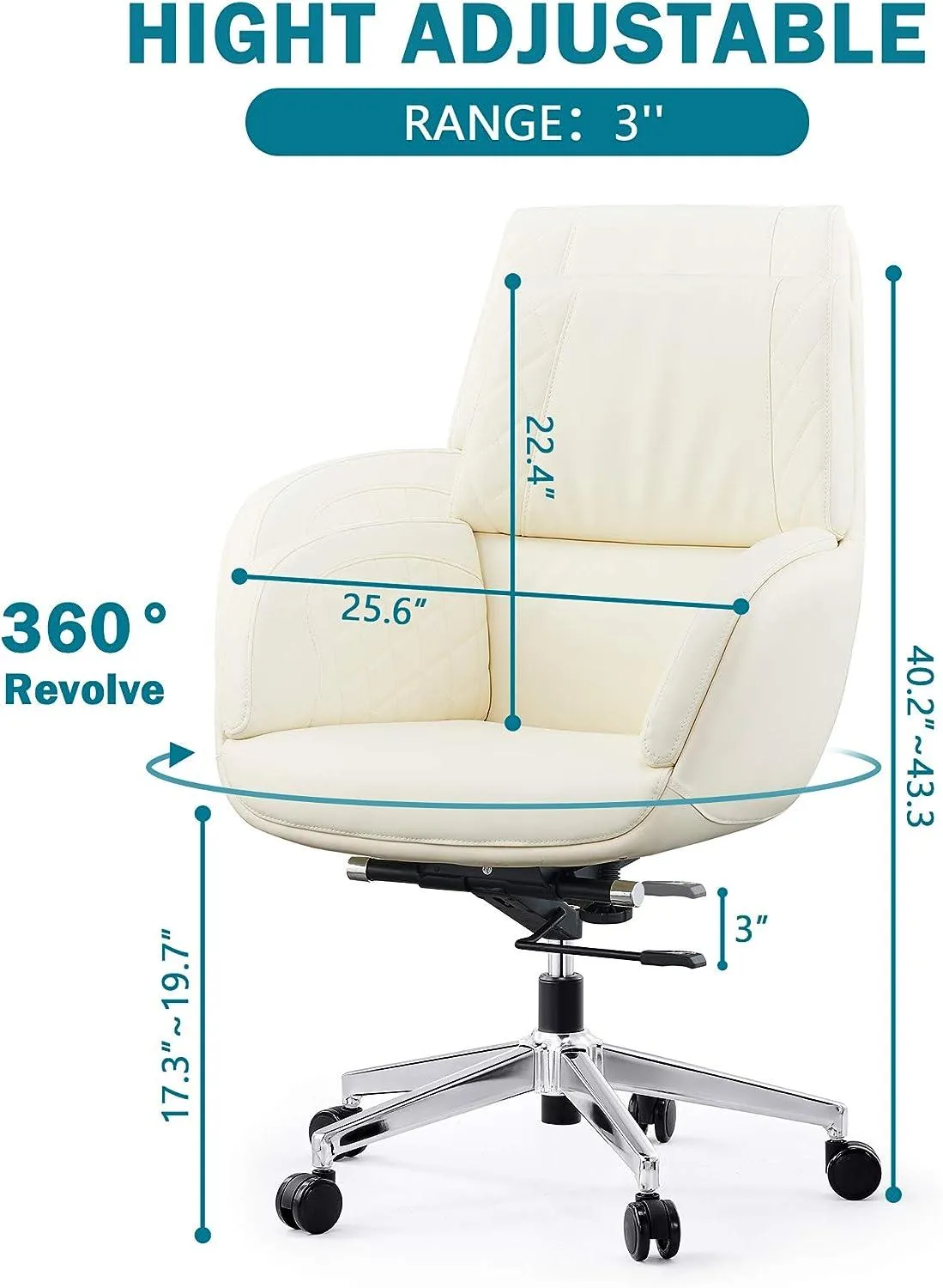 Height Adjustable Swivel PU Upholstered Modern Office Chair with Tiltable Back, White