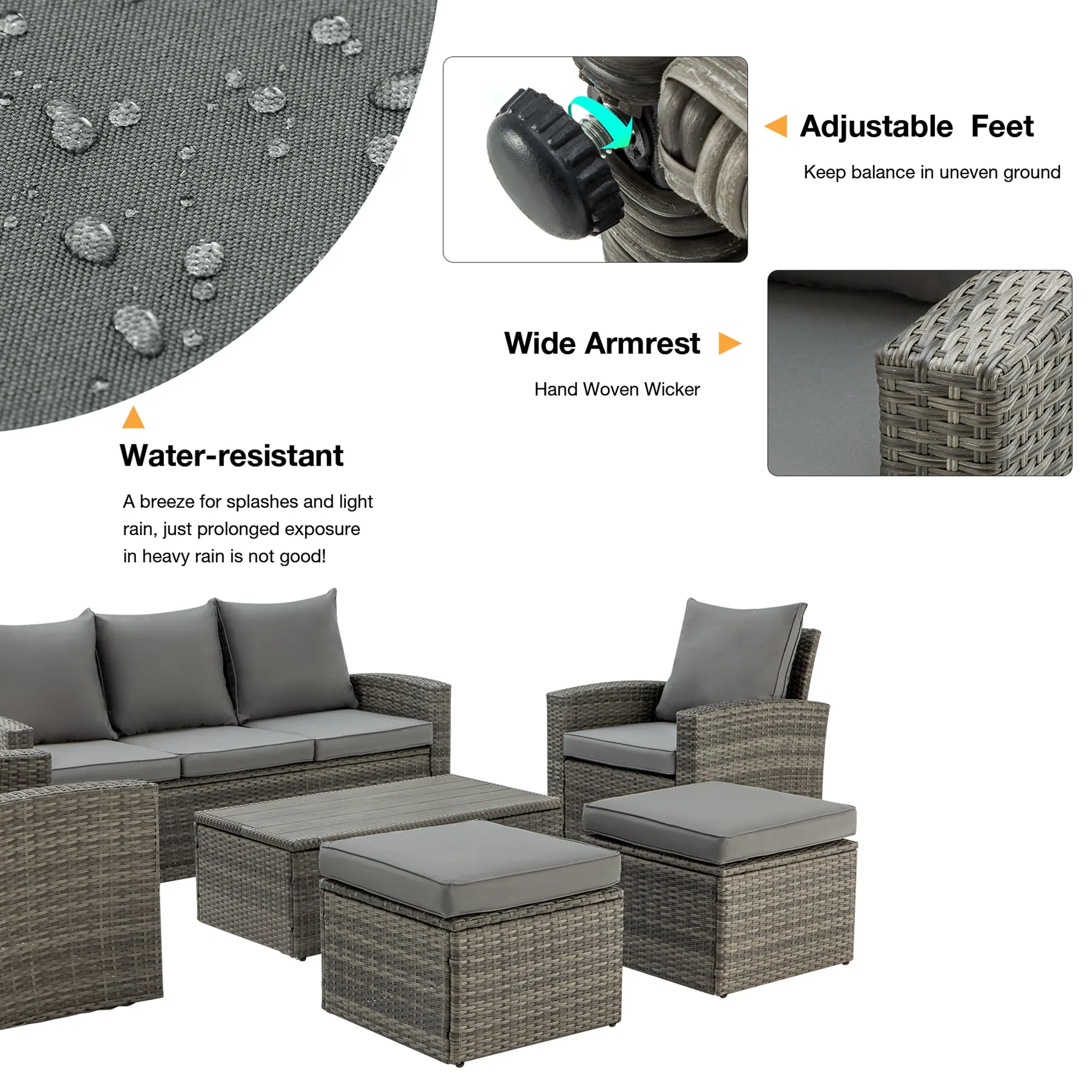 Homrest 6 Pcs Patio Furniture Set with 2 Recliners, Storage Table, Gray