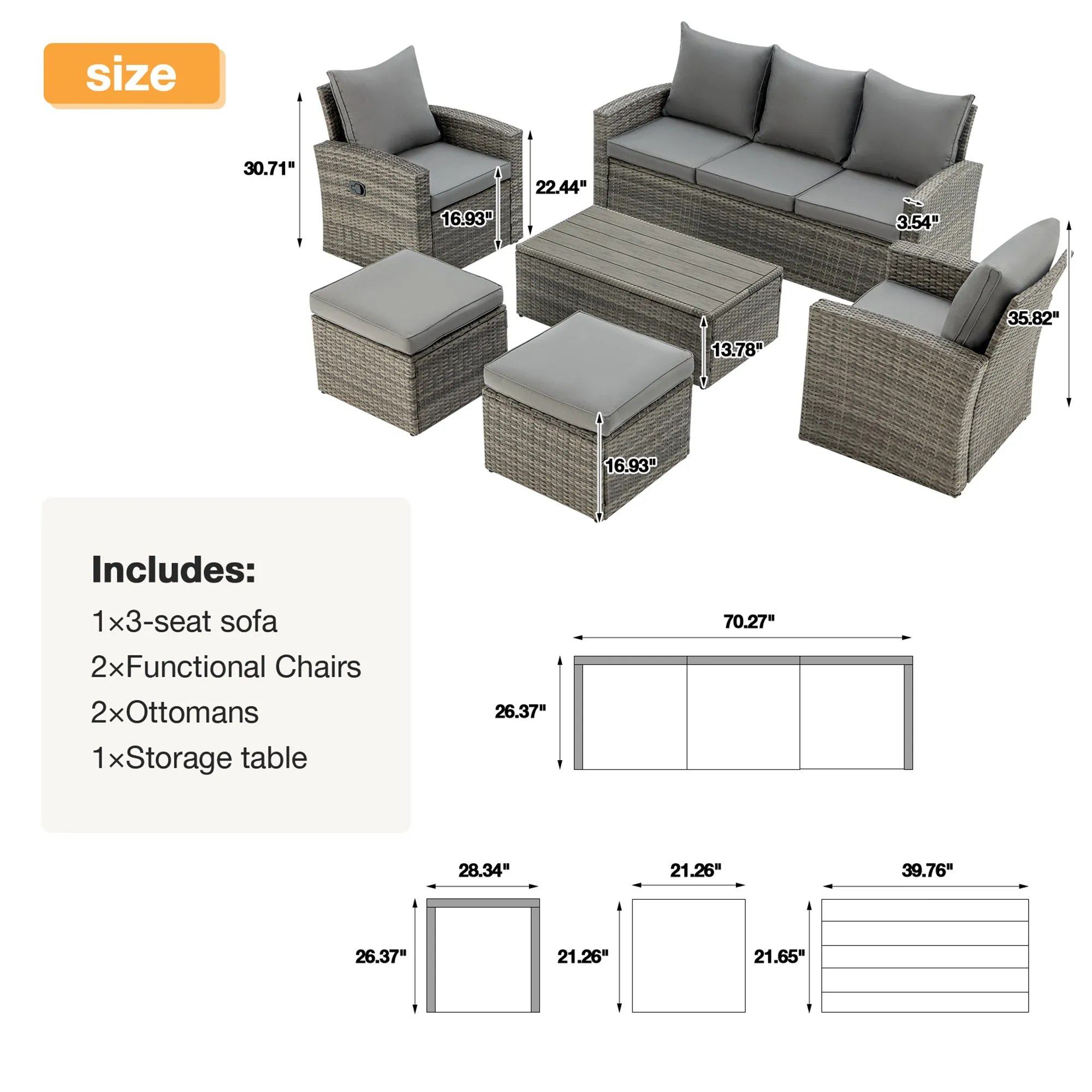 Homrest 6 Pcs Patio Furniture Set with 2 Recliners, Storage Table, Gray