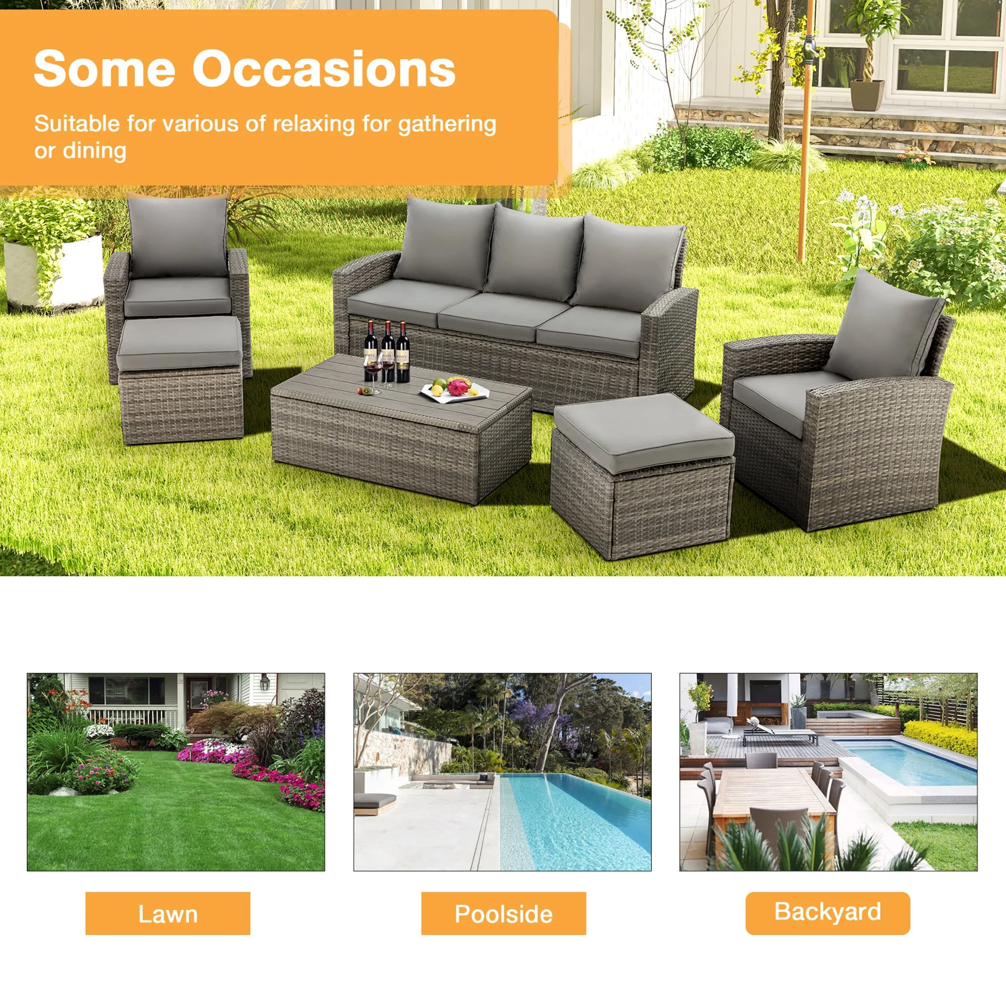 Homrest 6 Pcs Patio Furniture Set with 2 Recliners, Storage Table, Gray