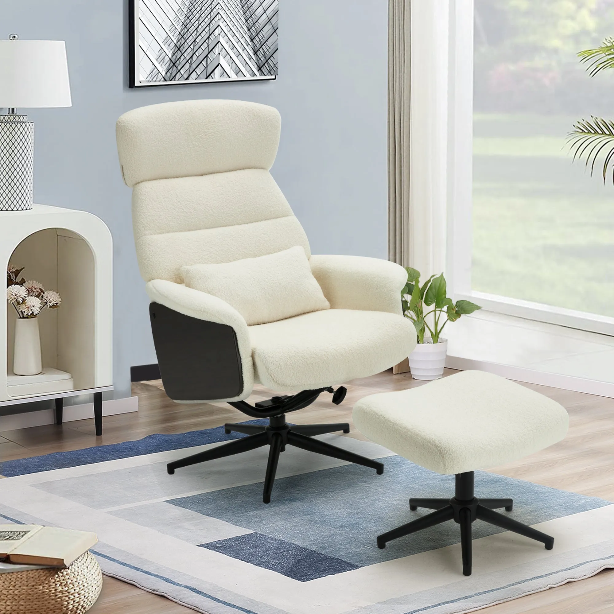 HOMREST Swivel Accent Chair w/ Ottoman,Tall Back Desk Chair no Wheels,Modern Sherpa Chair w/ Adjustable Backrest and Headrest for Living room,Bedroom,Home Office