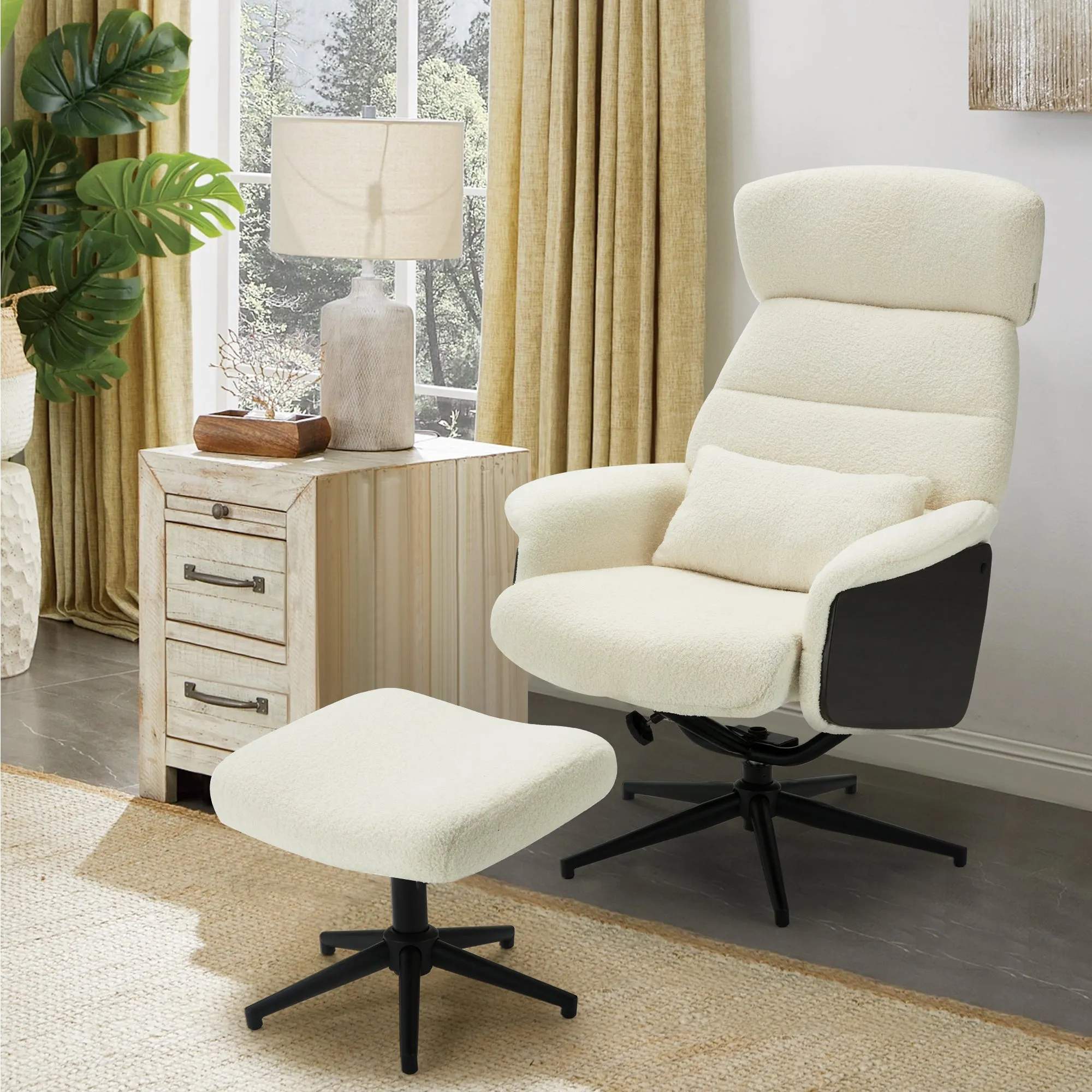 HOMREST Swivel Accent Chair w/ Ottoman,Tall Back Desk Chair no Wheels,Modern Sherpa Chair w/ Adjustable Backrest and Headrest for Living room,Bedroom,Home Office