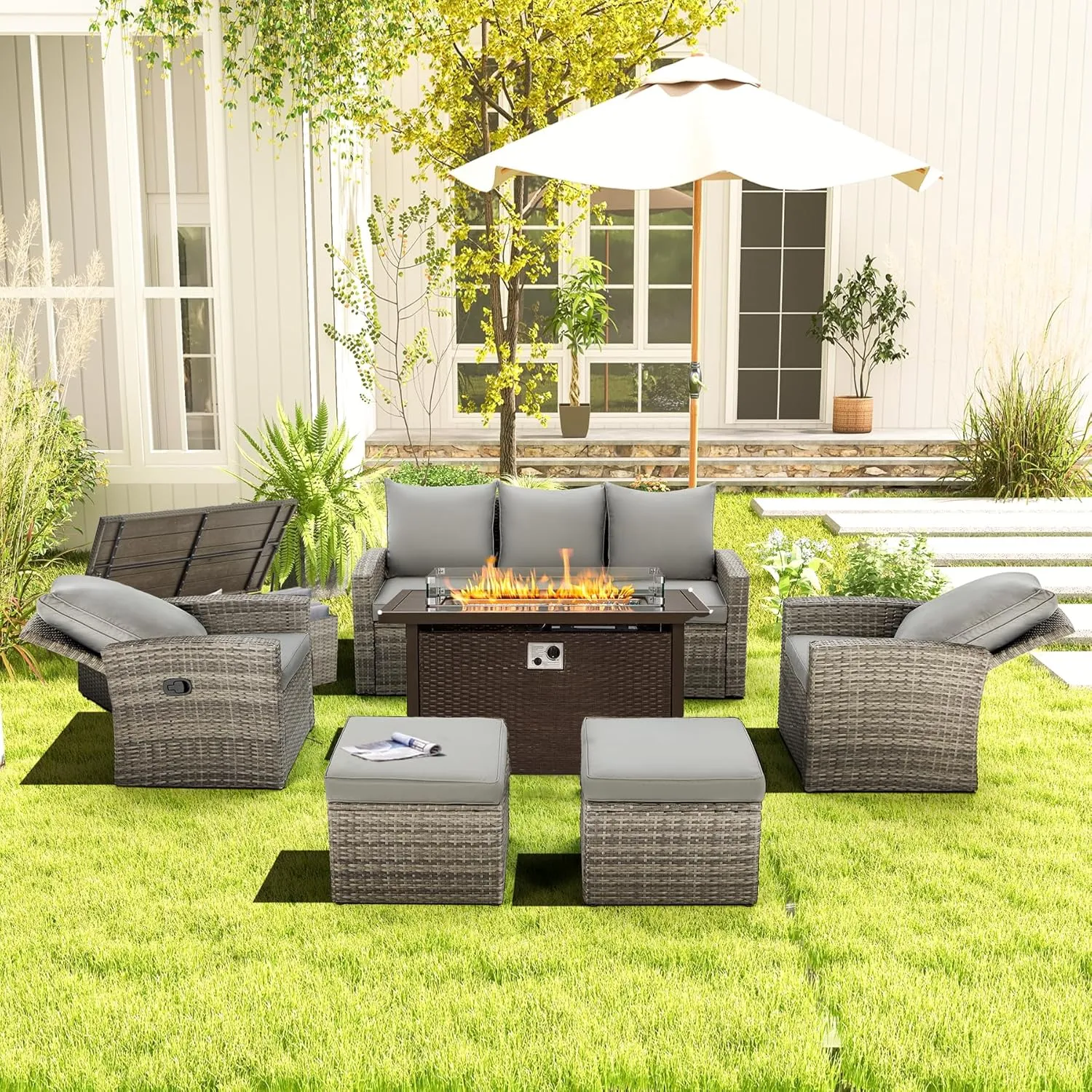 HomrestI 7 Pcs Patio Furniture Set w/ 44" Propane Fire Pit Table and Storage Coffee Table, Gray