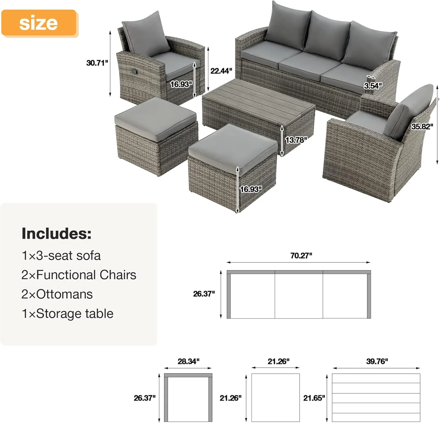 HomrestI 7 Pcs Patio Furniture Set w/ 44" Propane Fire Pit Table and Storage Coffee Table, Gray