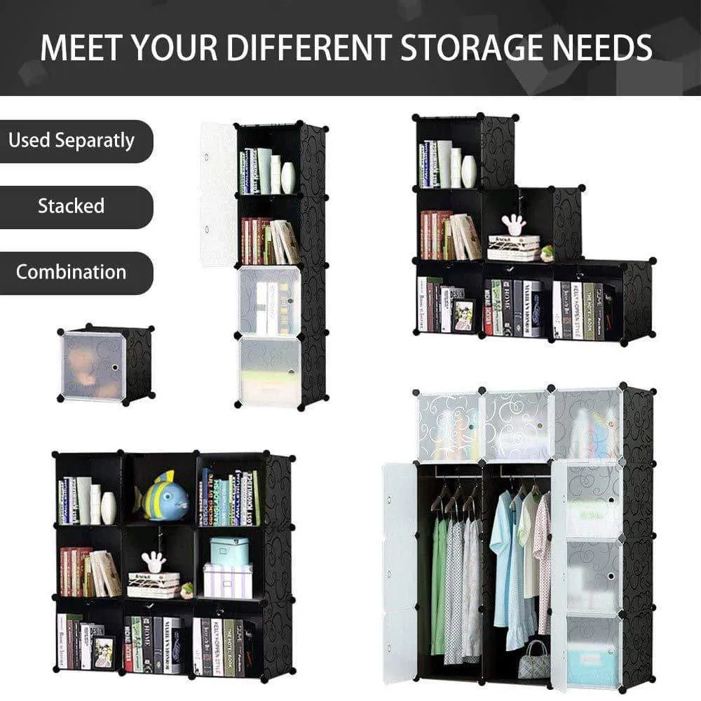 Honey Home Modular Plastic Storage Cube Closet Organizers, Portable DIY Wardrobes Cabinet Shelving with Doors for Bedroom/Office - 16 Cubes Black & White