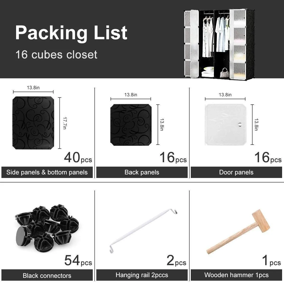 Honey Home Modular Plastic Storage Cube Closet Organizers, Portable DIY Wardrobes Cabinet Shelving with Doors for Bedroom/Office - 16 Cubes Black & White