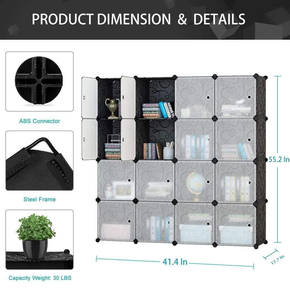 Honey Home Modular Plastic Storage Cube Closet Organizers, Portable DIY Wardrobes Cabinet Shelving with Doors for Bedroom/Office - 16 Cubes Black & White