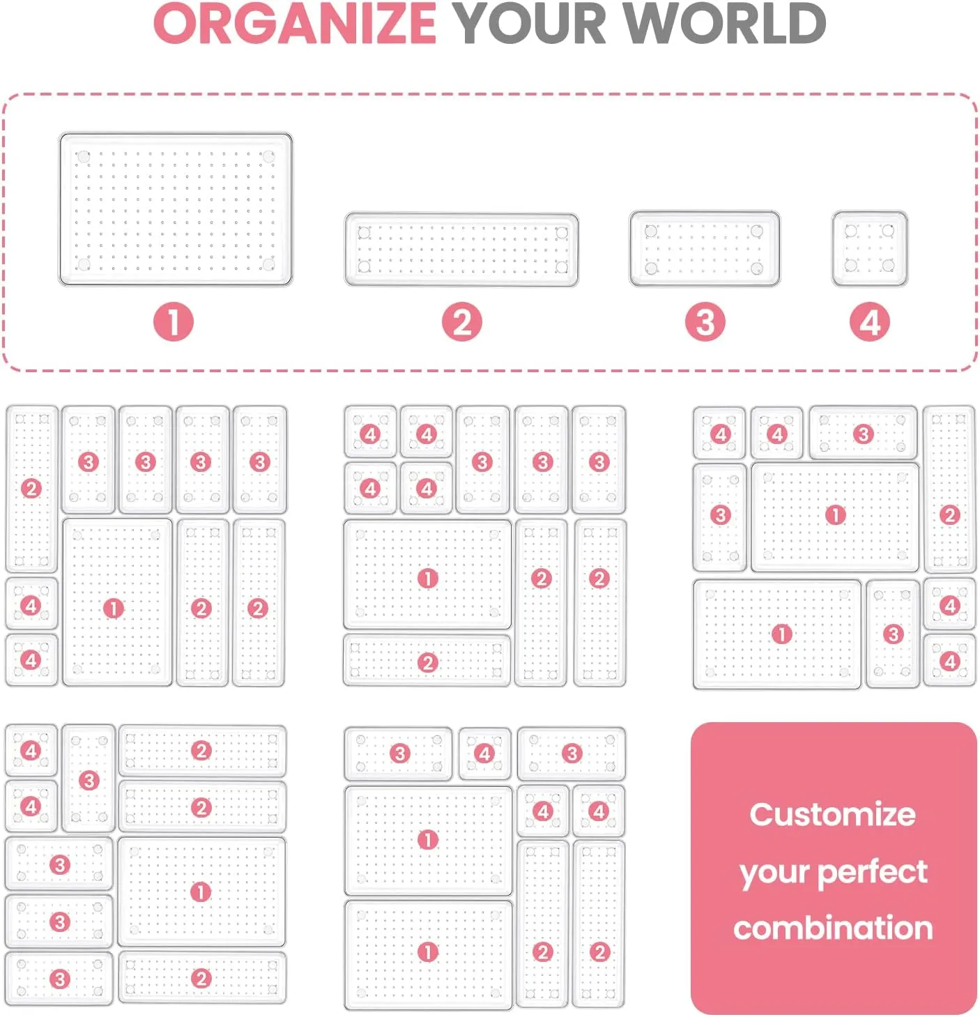 HOUSE DAY Makeup Drawer Organizer Trays, 4-Size Clear Drawer Organizers