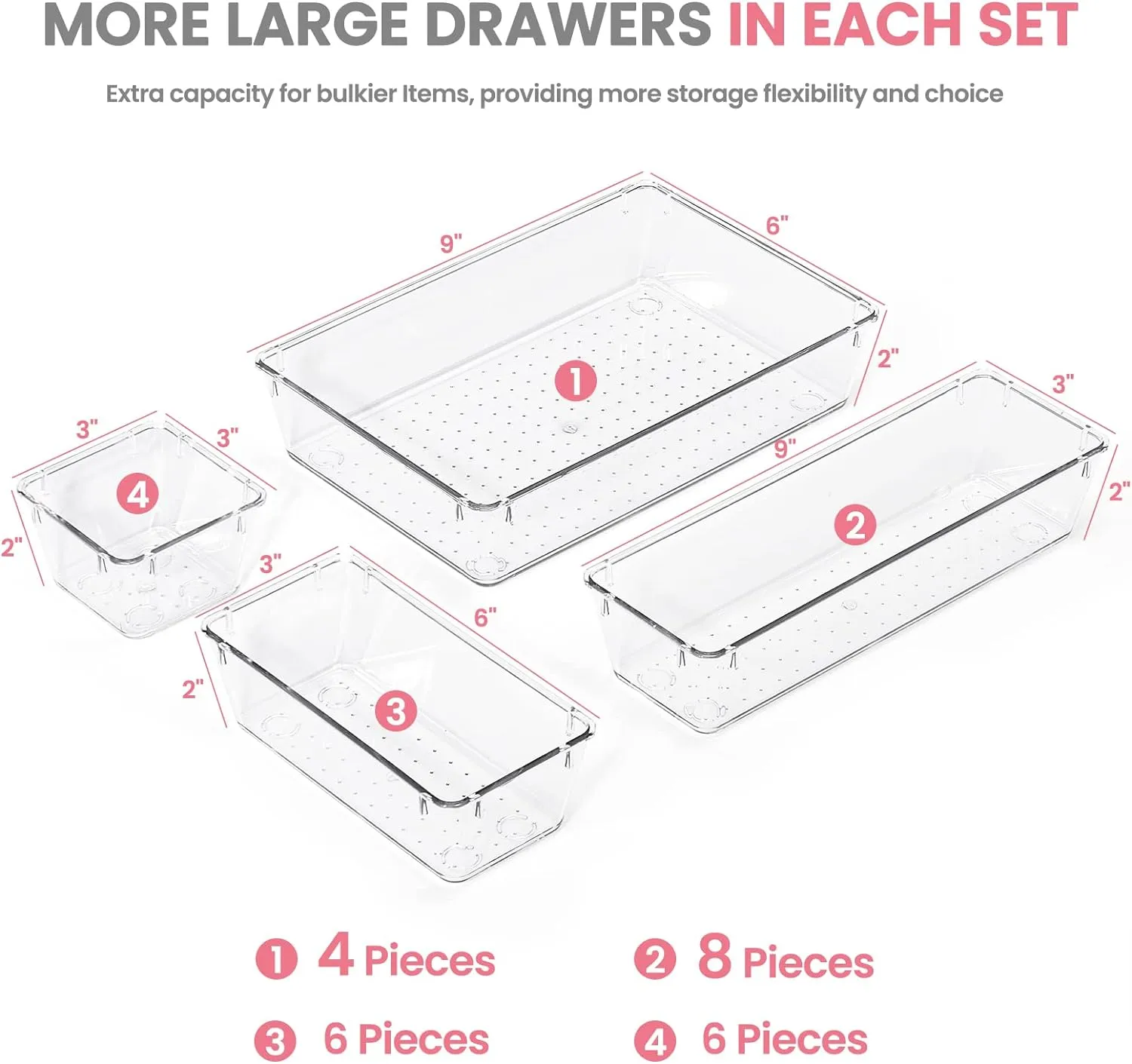 HOUSE DAY Makeup Drawer Organizer Trays, 4-Size Clear Drawer Organizers