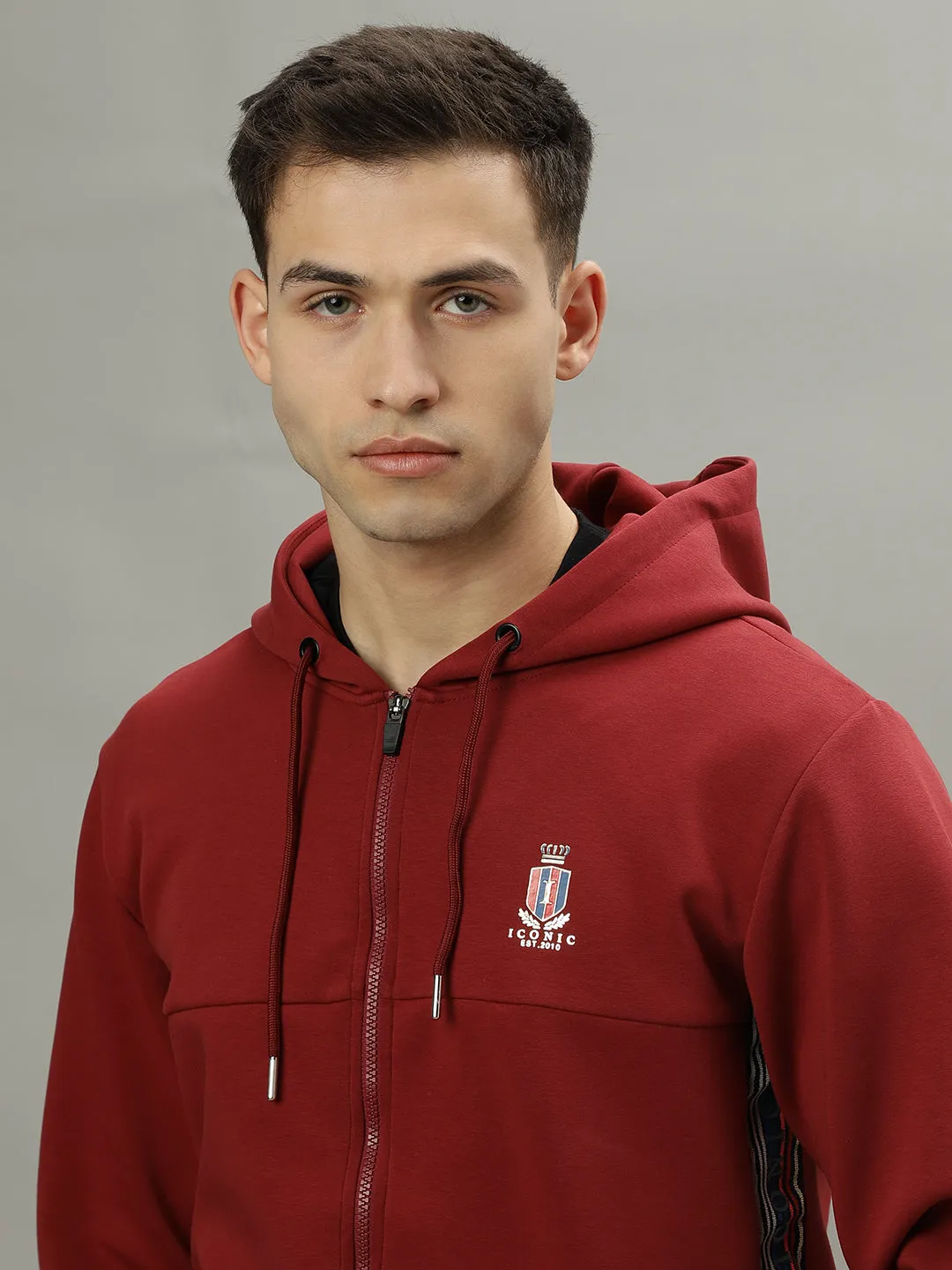 Iconic Men Red Solid Hooded Full Sleeves Jacket