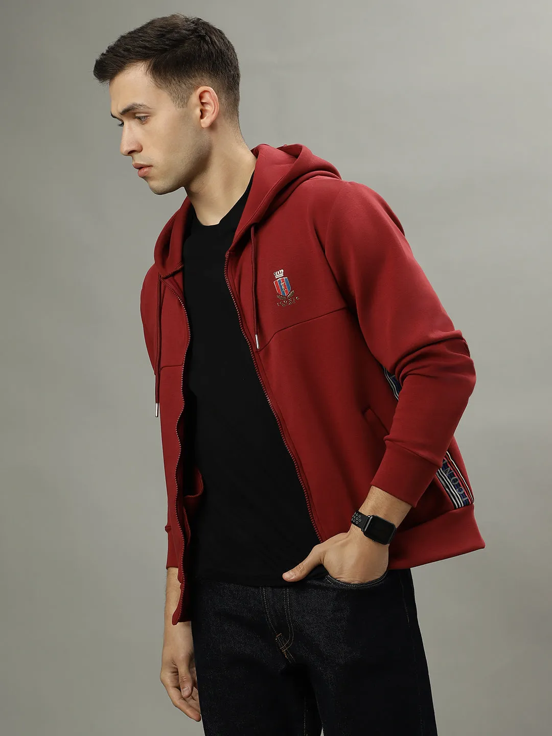 Iconic Men Red Solid Hooded Full Sleeves Jacket