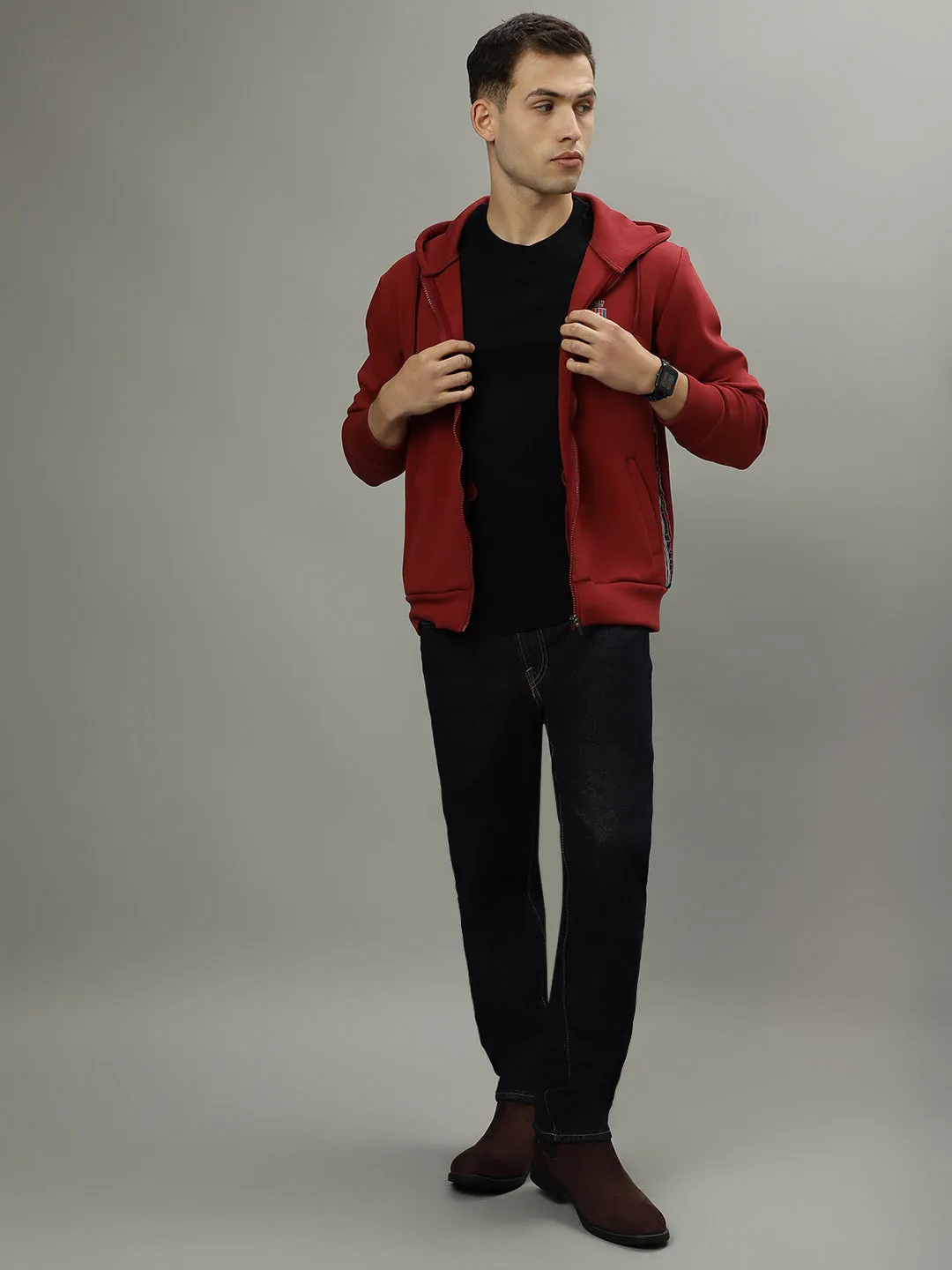 Iconic Men Red Solid Hooded Full Sleeves Jacket