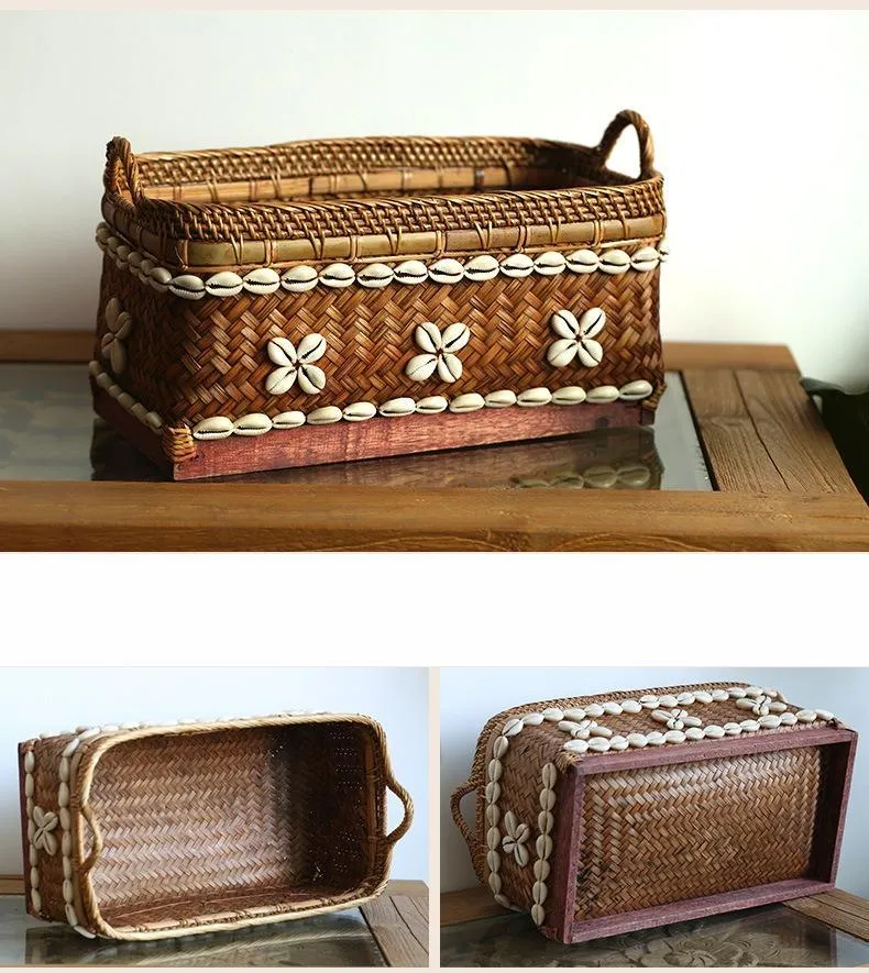 Indonesia Hand Woven Storage Basket, Natural Bamboo and Sea Shell Baskets