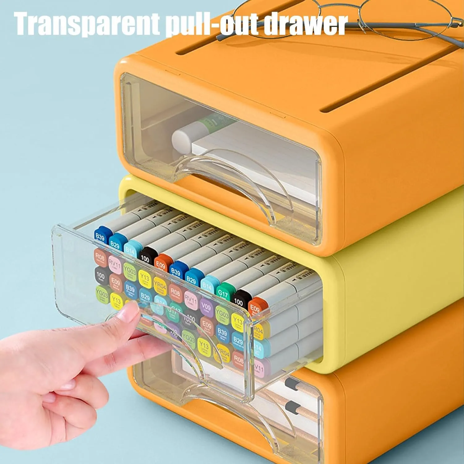 Kuber Industries (Set of 15) Stackable Stationary Organizers Drawer with Translucent for Home, Office & Makeup Suppliance | Desktop Storage Box Table Organiser, JSNH715L | Wine, Yellow & Blue