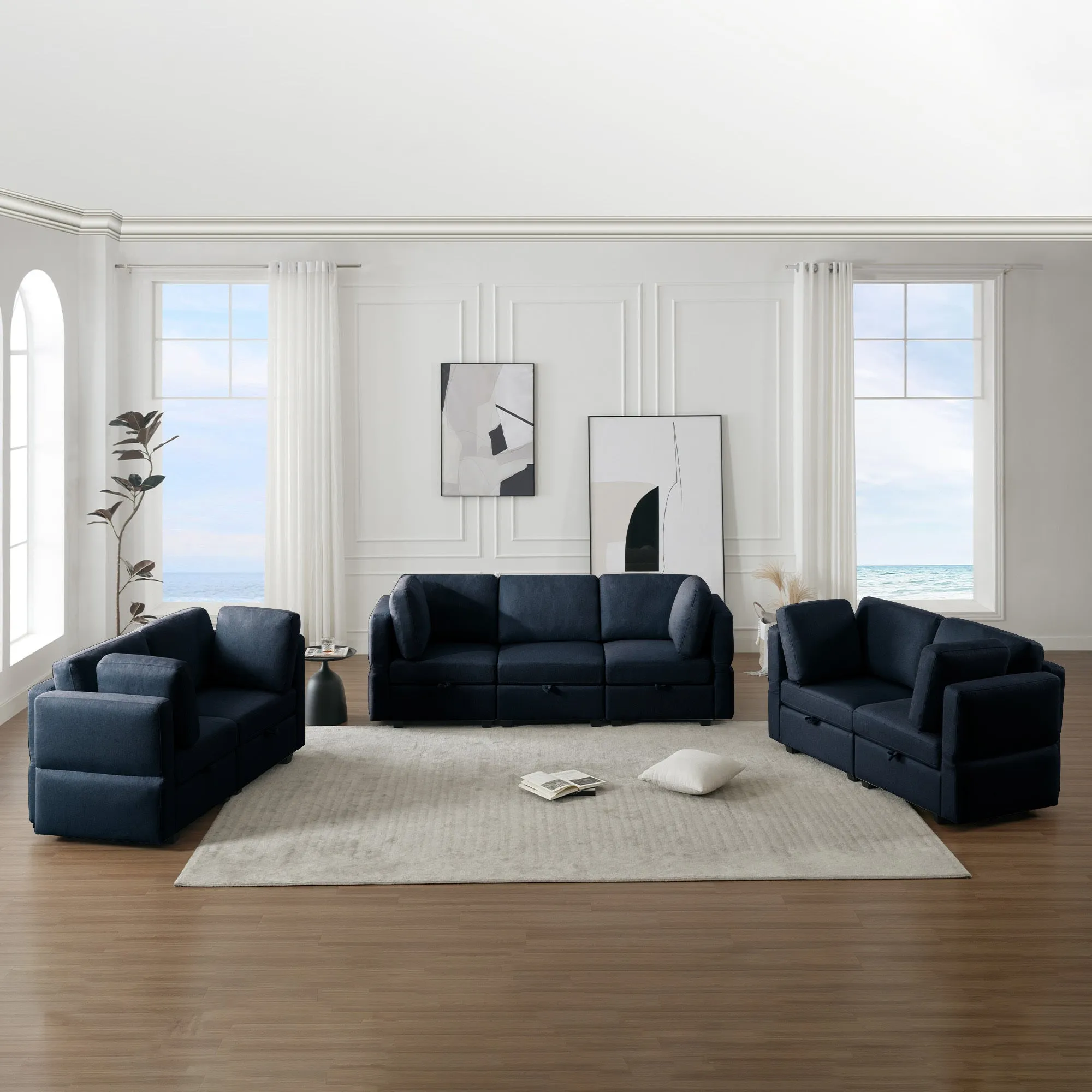 Living Room Furniture 7 Piece Set Including One 3-Seater Sofa and Two 2 Loveseats , Adjustable Arms and Backs Comforty Sofas & Couches with Comfy Seat and Arm Cushions - Blue