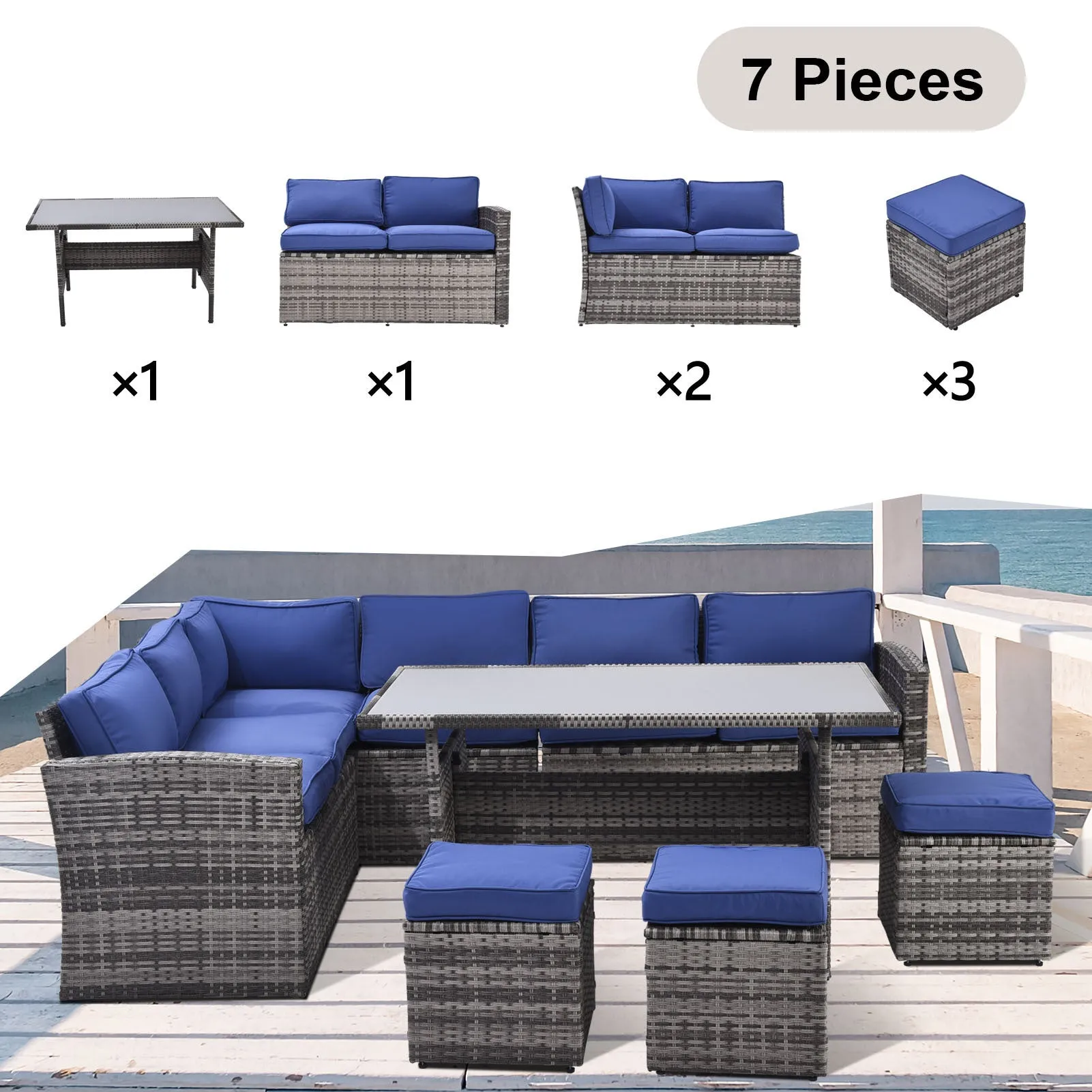 Outdoor Patio Furniture Set,7 Pieces Outdoor Sectional Conversation Sofa with Dining Table,Chairs and Ottomans,All Weather PE Rattan and Steel Frame,With Backrest and Removable Cushions(Grey Blue)