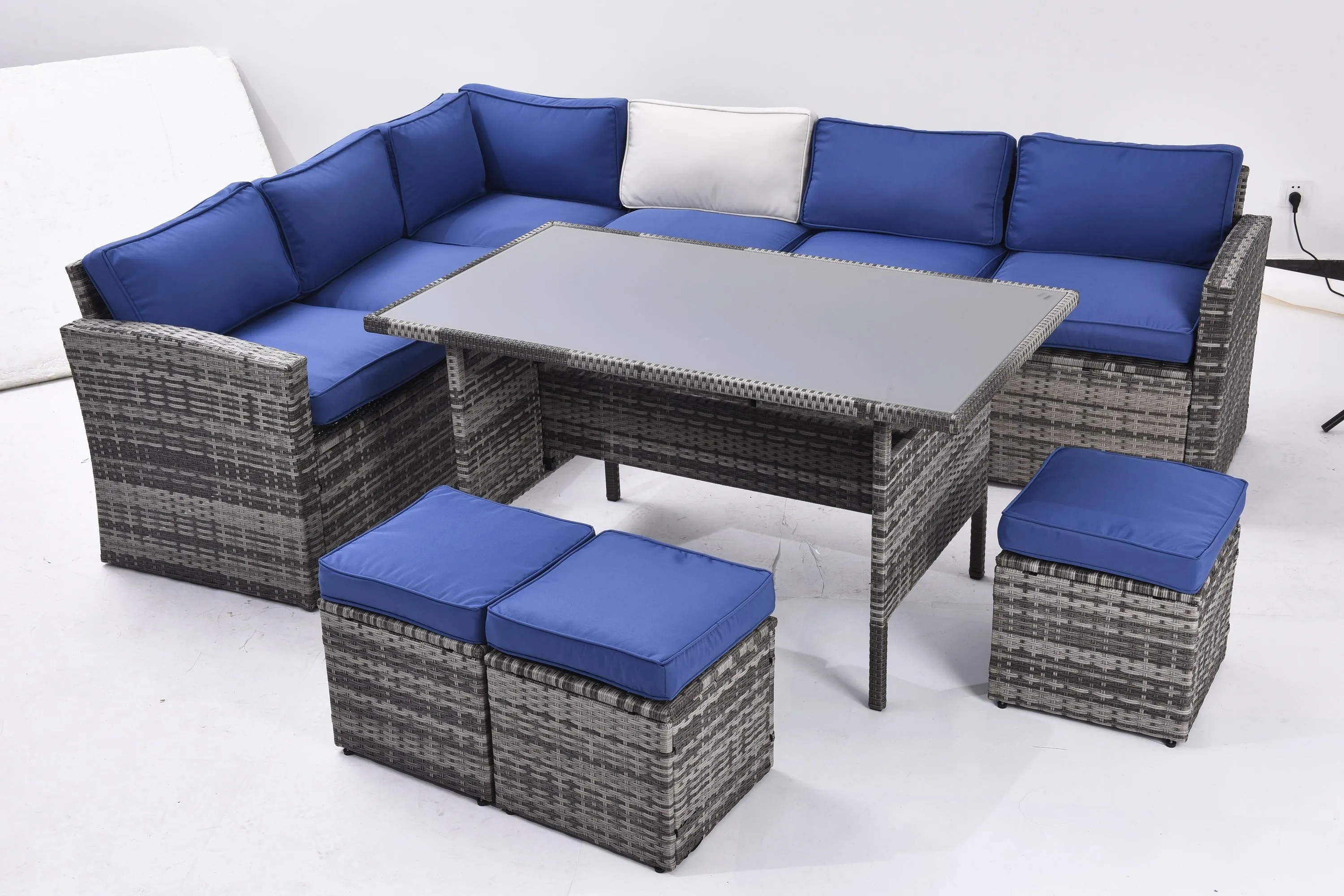 Outdoor Patio Furniture Set,7 Pieces Outdoor Sectional Conversation Sofa with Dining Table,Chairs and Ottomans,All Weather PE Rattan and Steel Frame,With Backrest and Removable Cushions(Grey Blue)