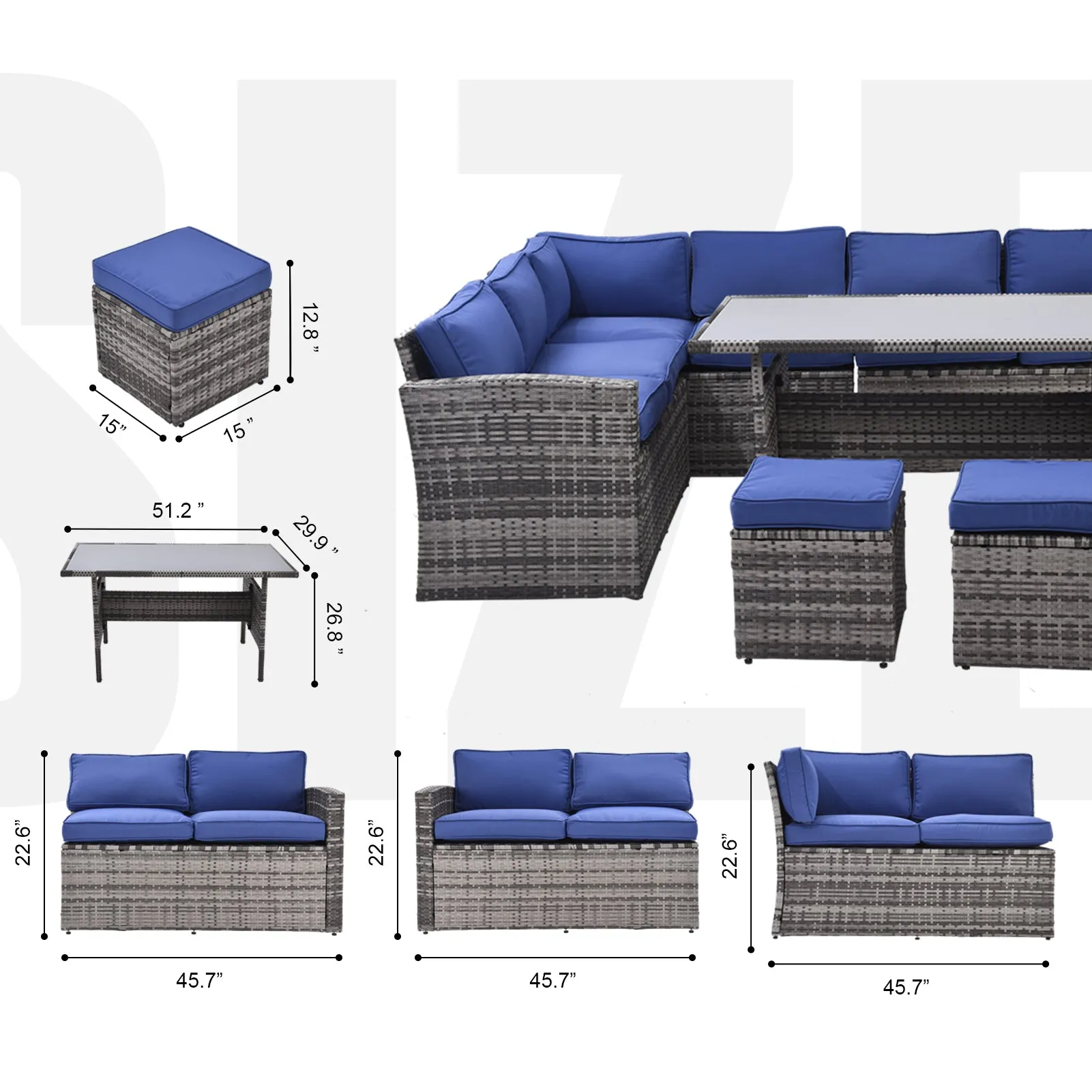 Outdoor Patio Furniture Set,7 Pieces Outdoor Sectional Conversation Sofa with Dining Table,Chairs and Ottomans,All Weather PE Rattan and Steel Frame,With Backrest and Removable Cushions(Grey Blue)