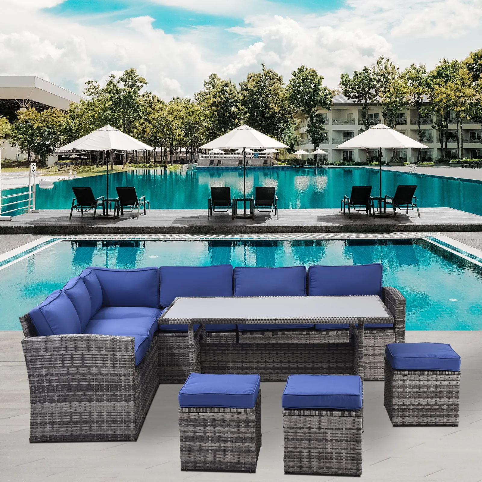 Outdoor Patio Furniture Set,7 Pieces Outdoor Sectional Conversation Sofa with Dining Table,Chairs and Ottomans,All Weather PE Rattan and Steel Frame,With Backrest and Removable Cushions(Grey Blue)