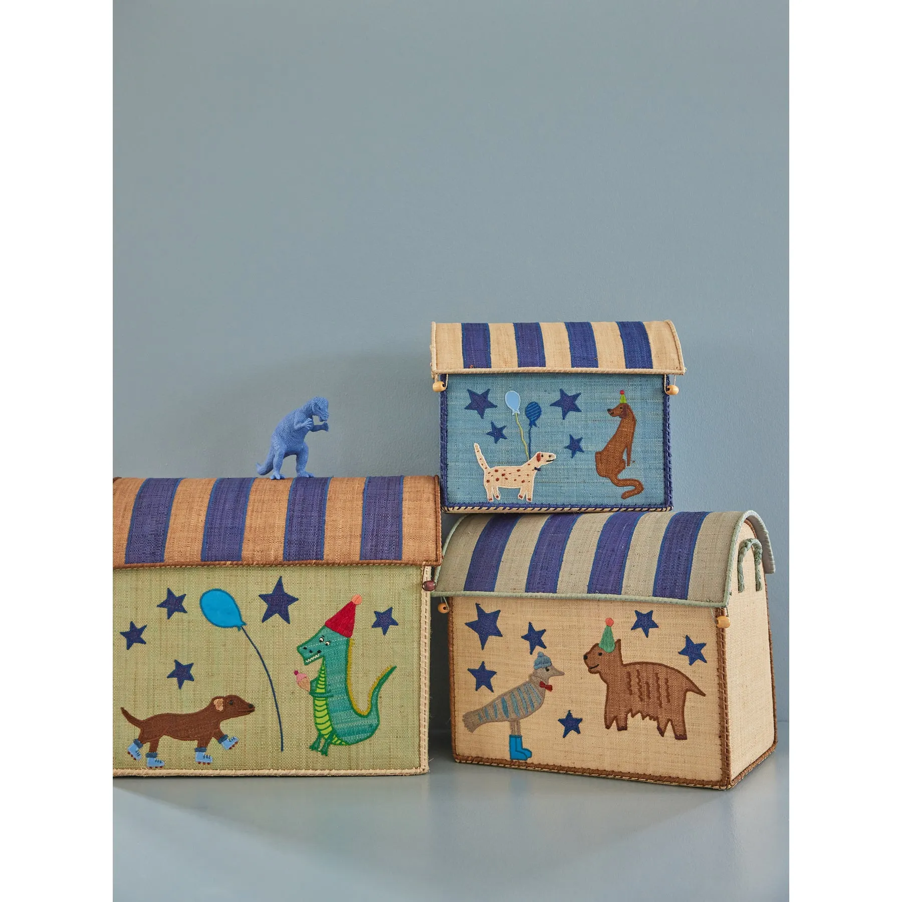 Rice DK Raffia Toy Baskets with Blue Party Animal Theme Medium