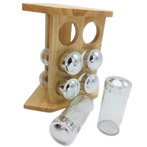 Rubberwood Spice Rack With 6 Steel Jars -K0270